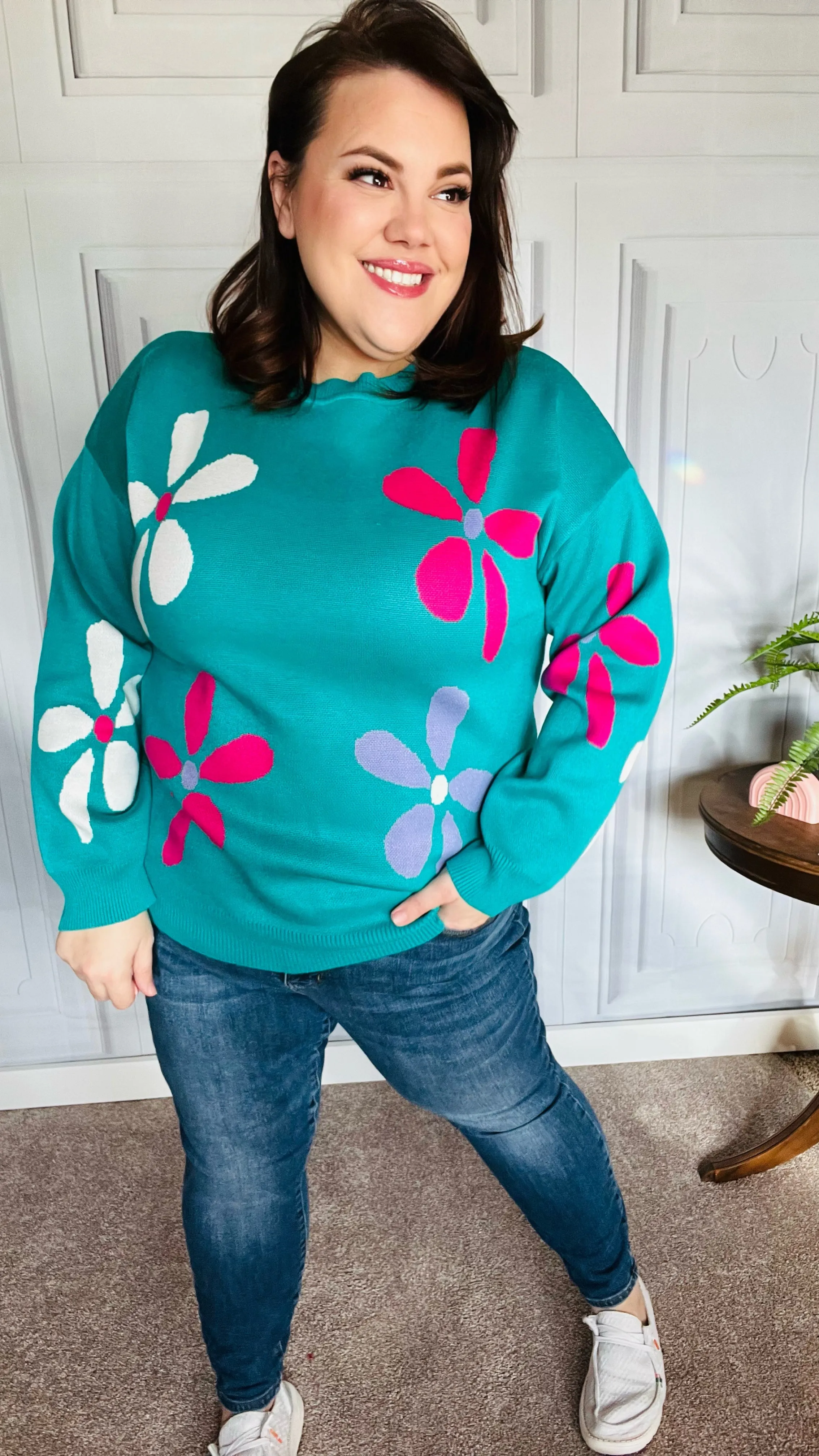 Adorable Turquoise Daisy Flower Jacquard Pullover Sweater