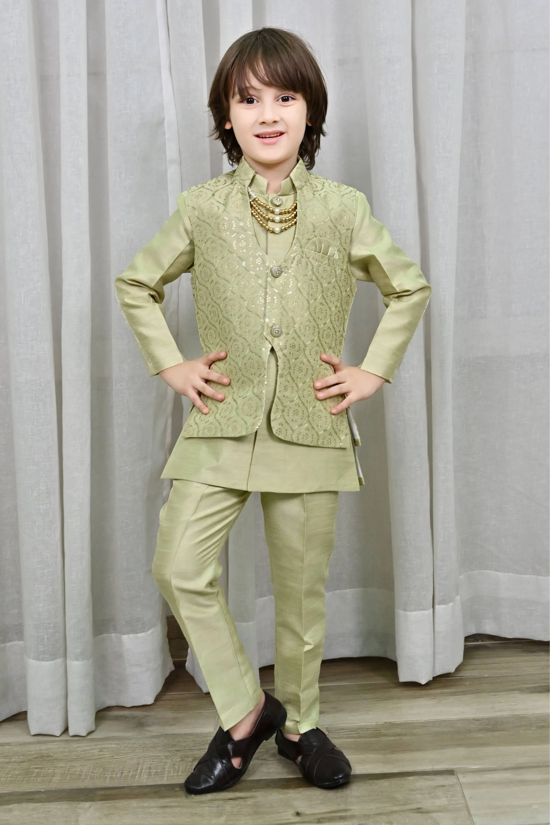 Ahhaaaa Kids Ethnic Bollywood Style Sherwani Waistcoat Kurta and Pyjama with Moti Mala for Boys