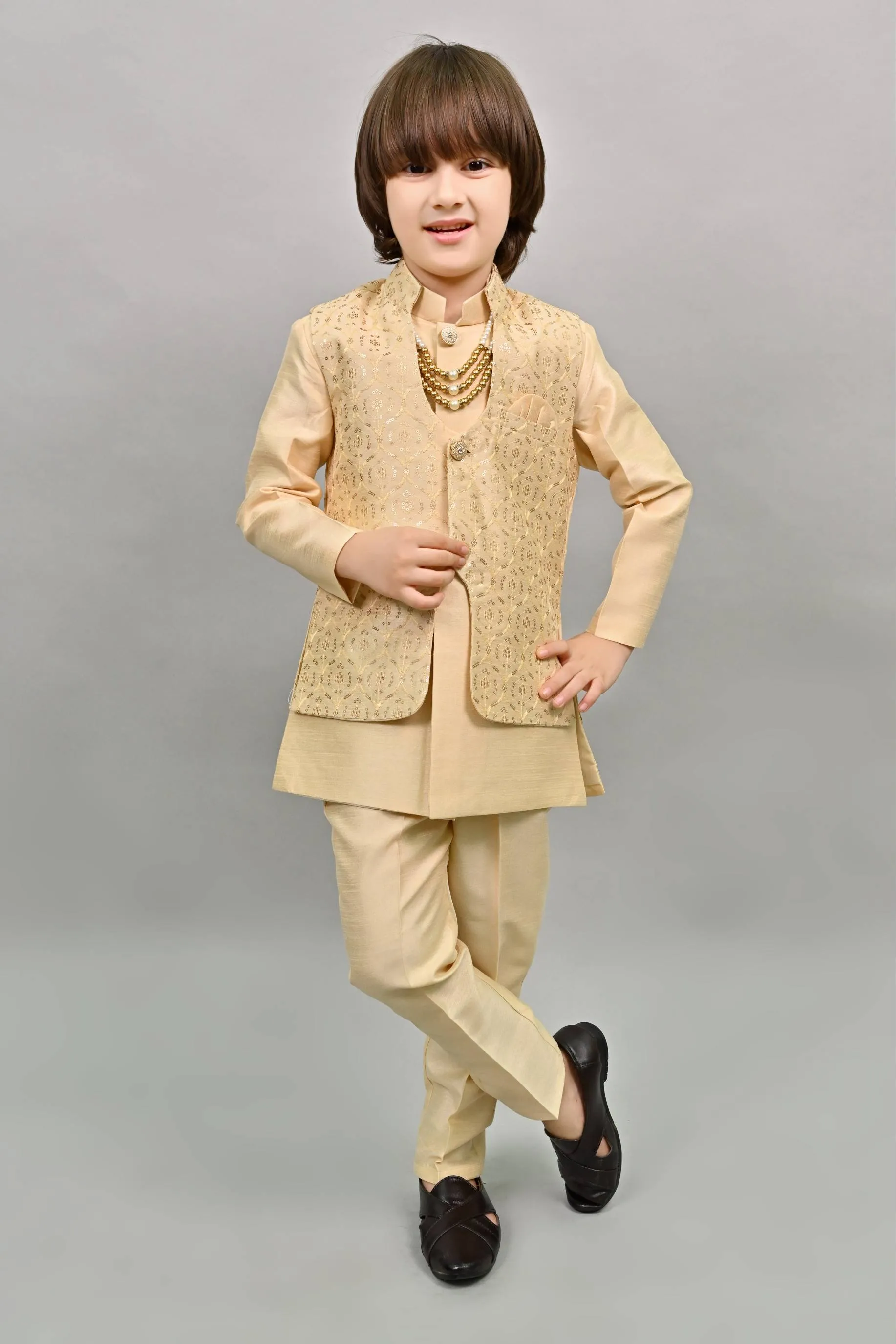 Ahhaaaa Kids Ethnic Bollywood Style Sherwani Waistcoat Kurta and Pyjama with Moti Mala for Boys