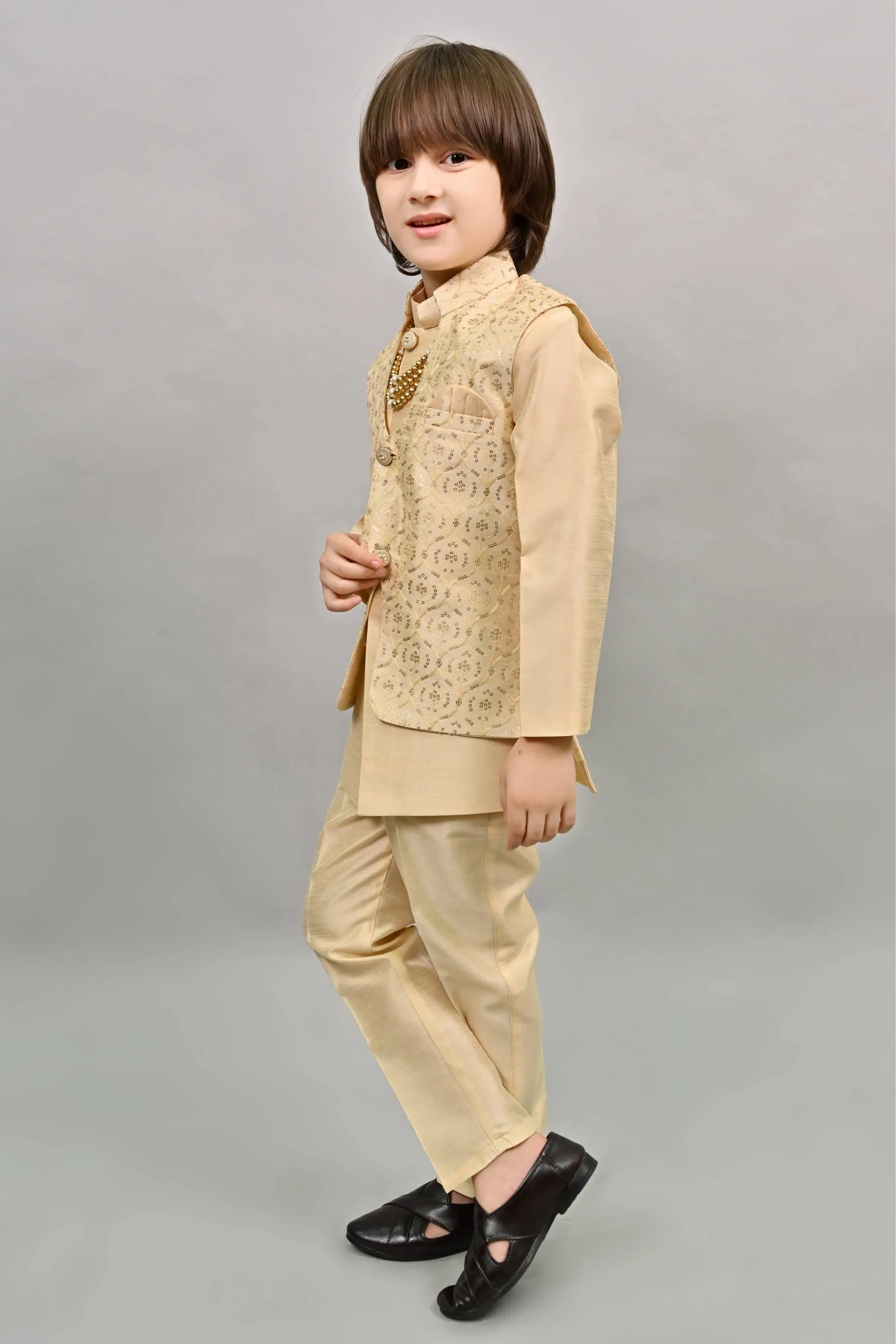 Ahhaaaa Kids Ethnic Bollywood Style Sherwani Waistcoat Kurta and Pyjama with Moti Mala for Boys