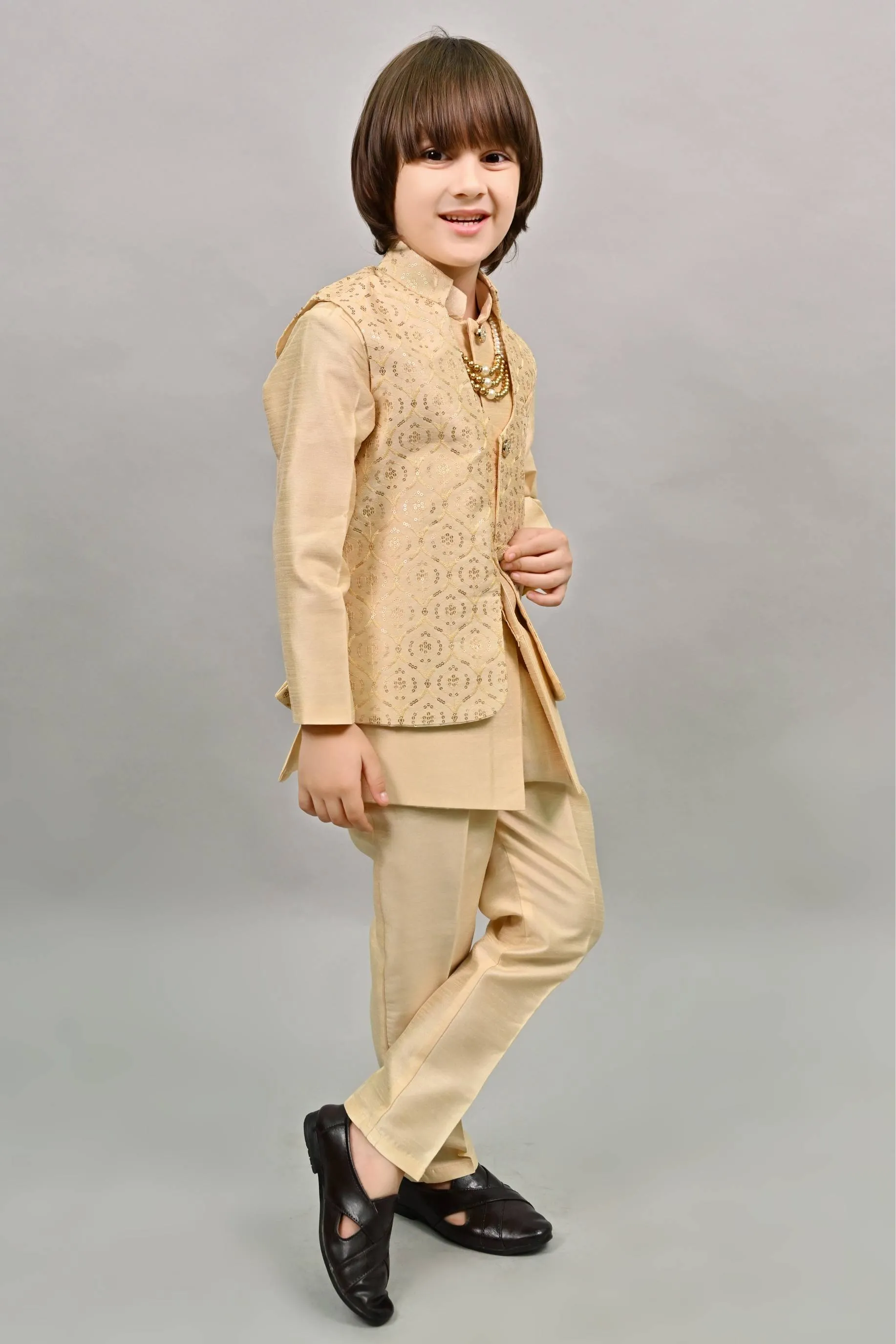 Ahhaaaa Kids Ethnic Bollywood Style Sherwani Waistcoat Kurta and Pyjama with Moti Mala for Boys