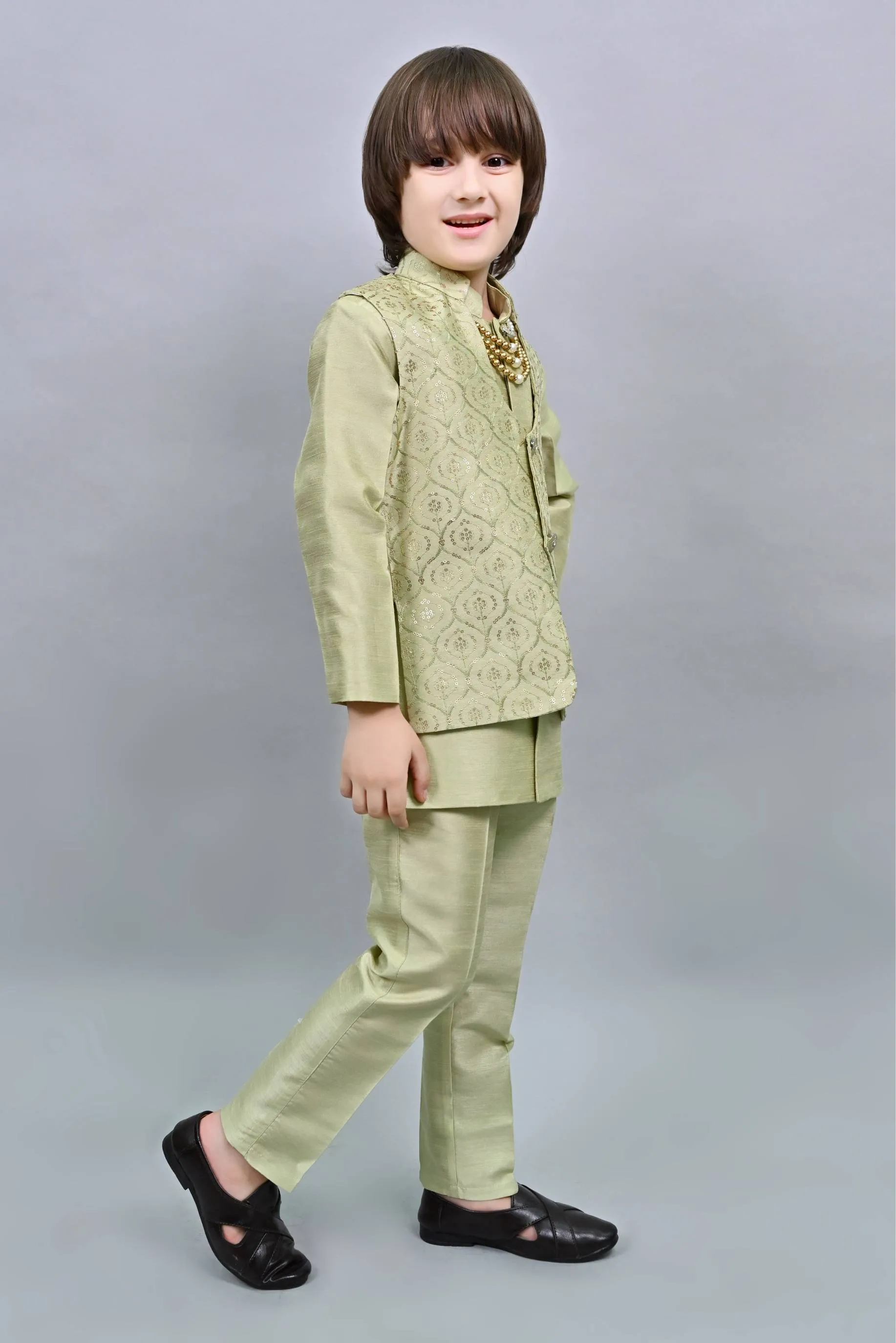 Ahhaaaa Kids Ethnic Bollywood Style Sherwani Waistcoat Kurta and Pyjama with Moti Mala for Boys