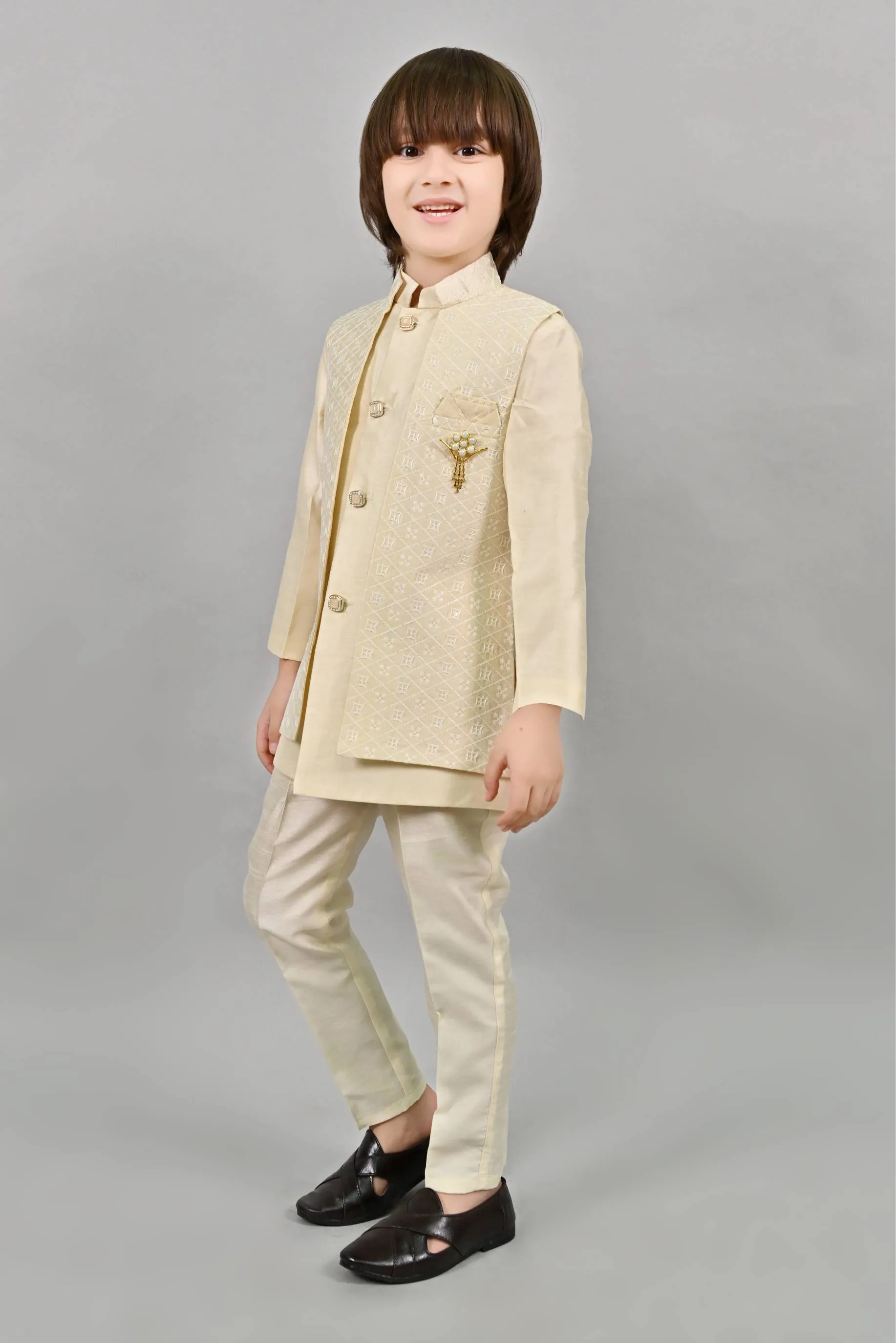 Ahhaaaa Kids Ethnic Embroidered Indo-Western Kurta, Pajama and Waistcoat Set for Boys