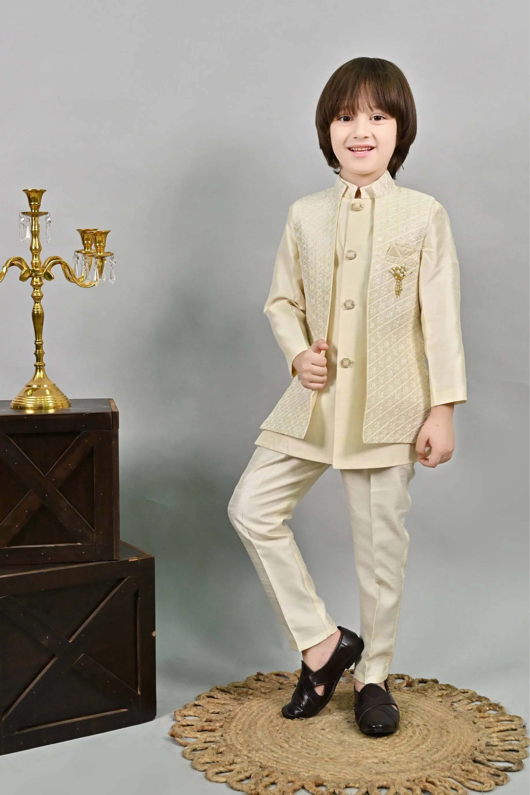 Ahhaaaa Kids Ethnic Embroidered Indo-Western Kurta, Pajama and Waistcoat Set for Boys