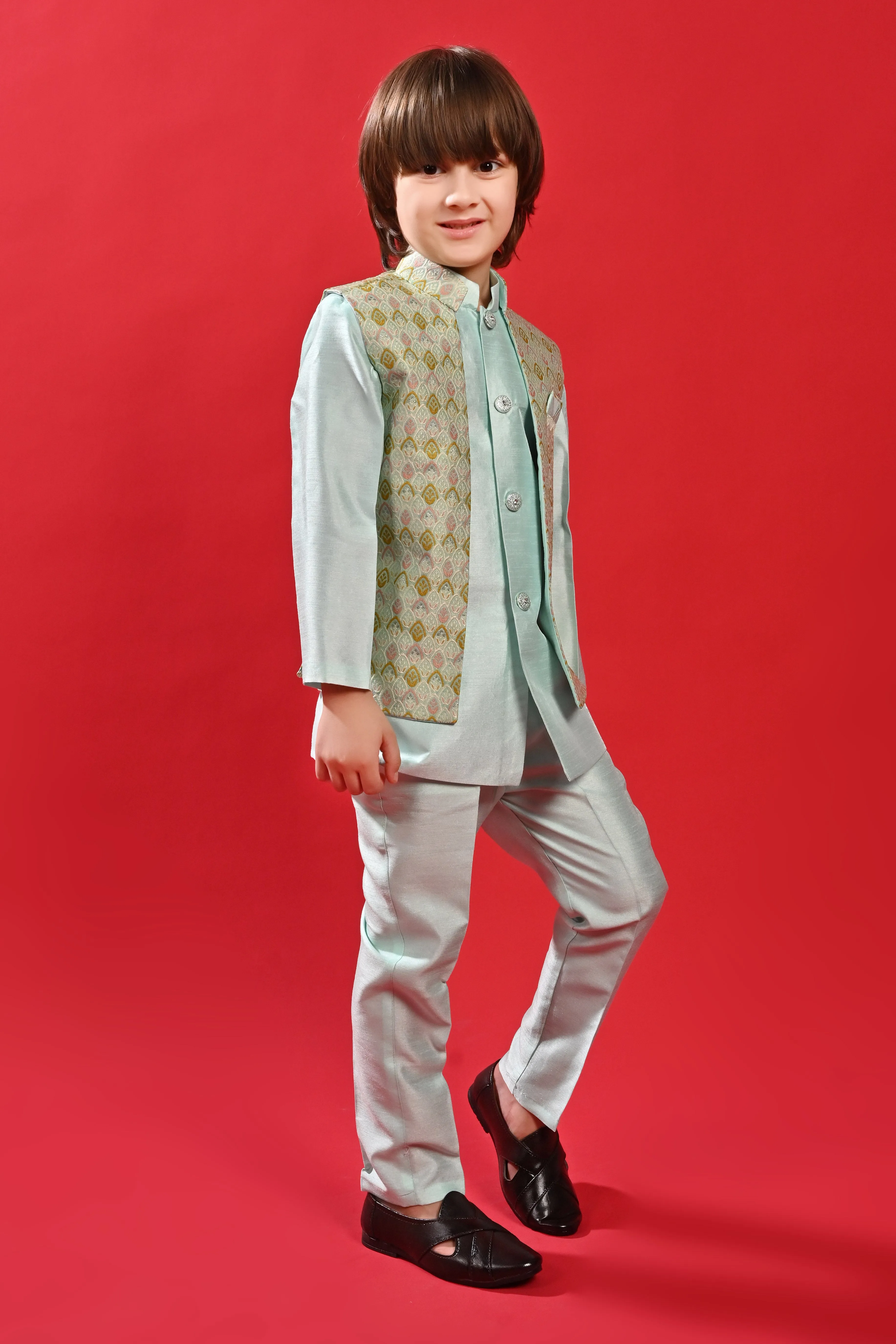 Ahhaaaa Kids Ethnic Multi-Colored Thread Work Indo-Western Kurta, Waistcoat and Pajama Set for Boys