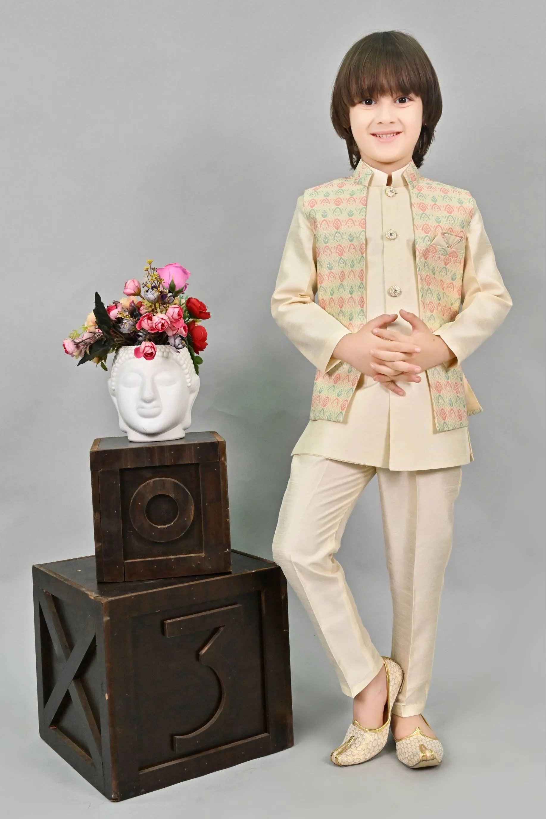 Ahhaaaa Kids Ethnic Multi-Colored Thread Work Indo-Western Kurta, Waistcoat and Pajama Set for Boys