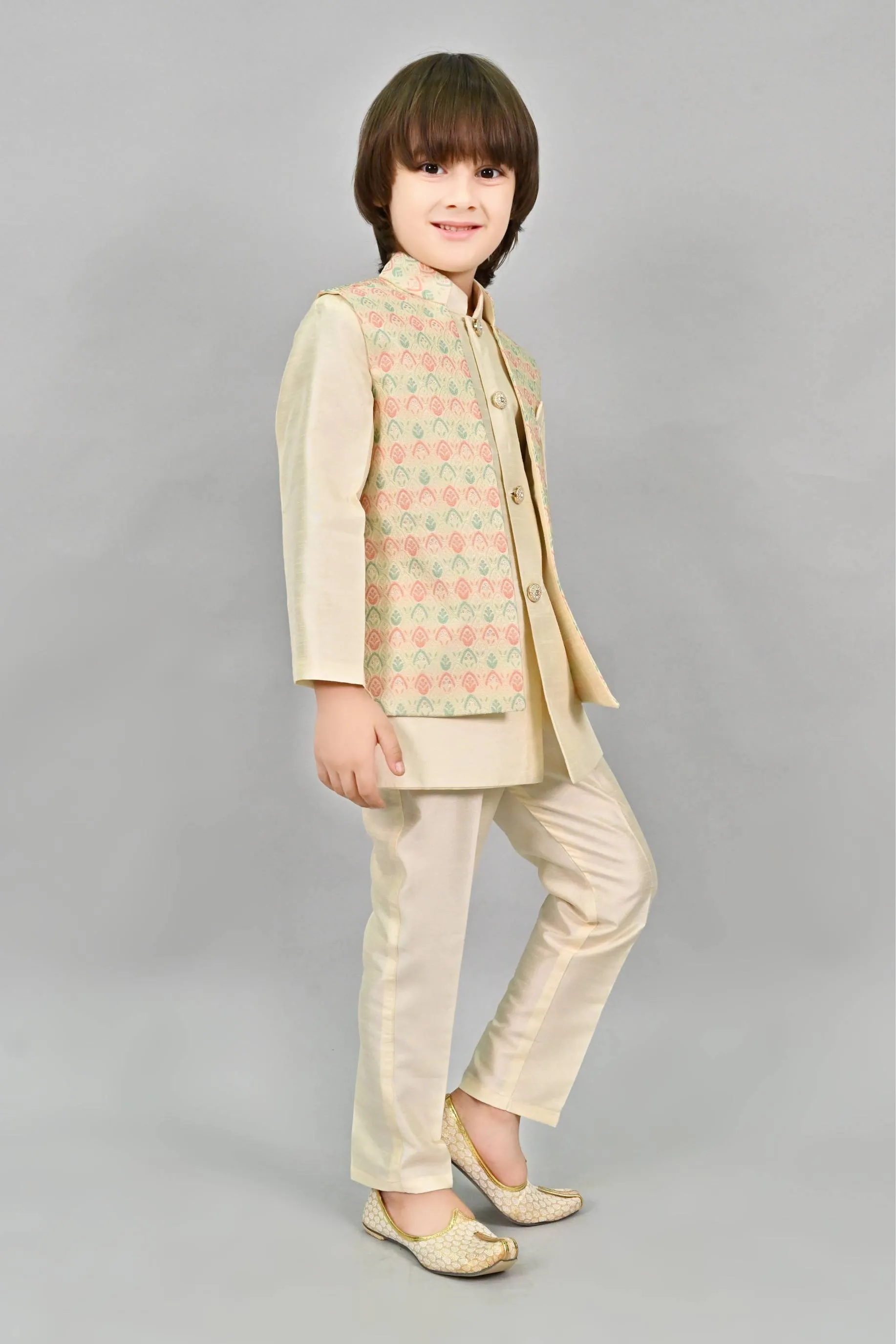 Ahhaaaa Kids Ethnic Multi-Colored Thread Work Indo-Western Kurta, Waistcoat and Pajama Set for Boys