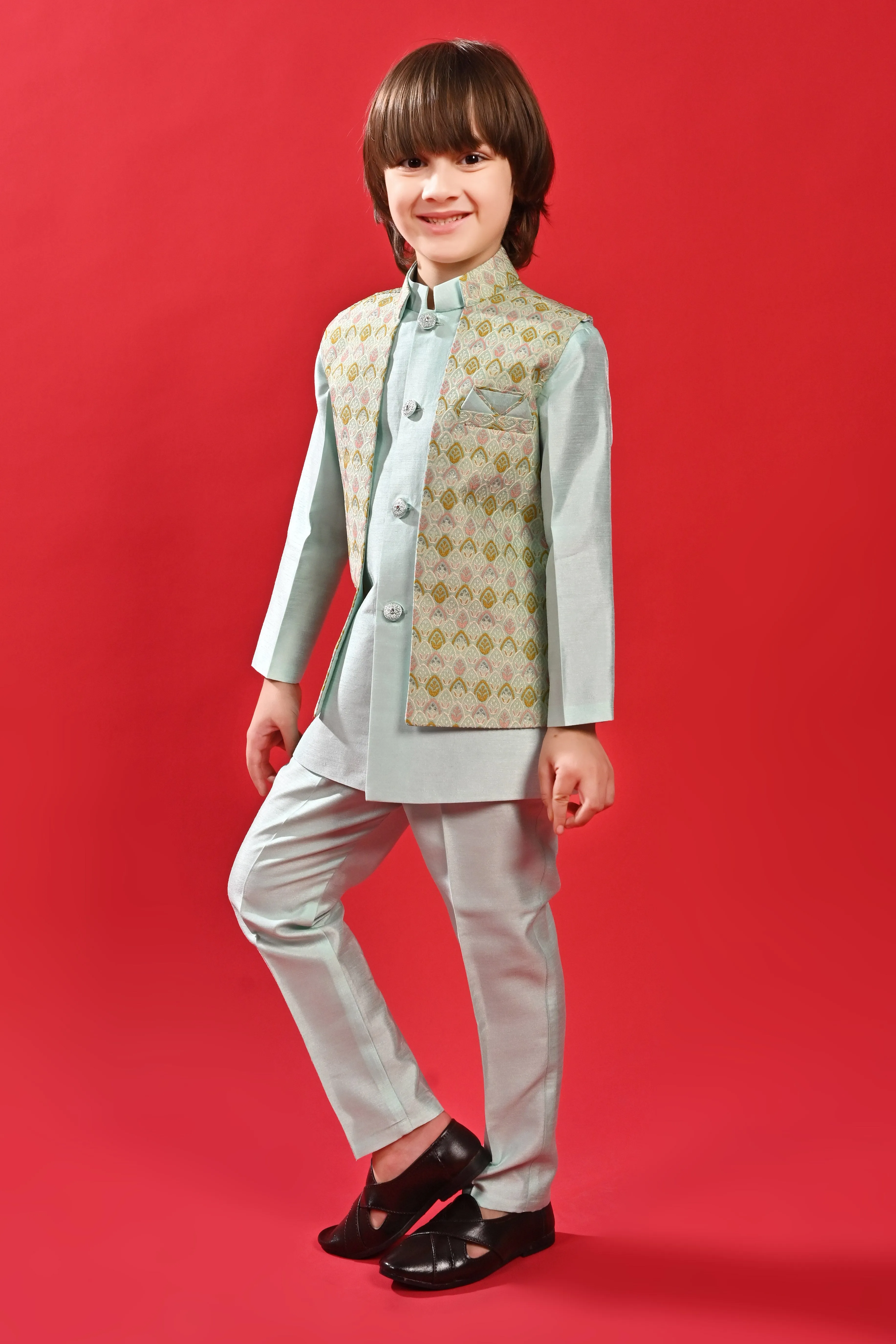 Ahhaaaa Kids Ethnic Multi-Colored Thread Work Indo-Western Kurta, Waistcoat and Pajama Set for Boys