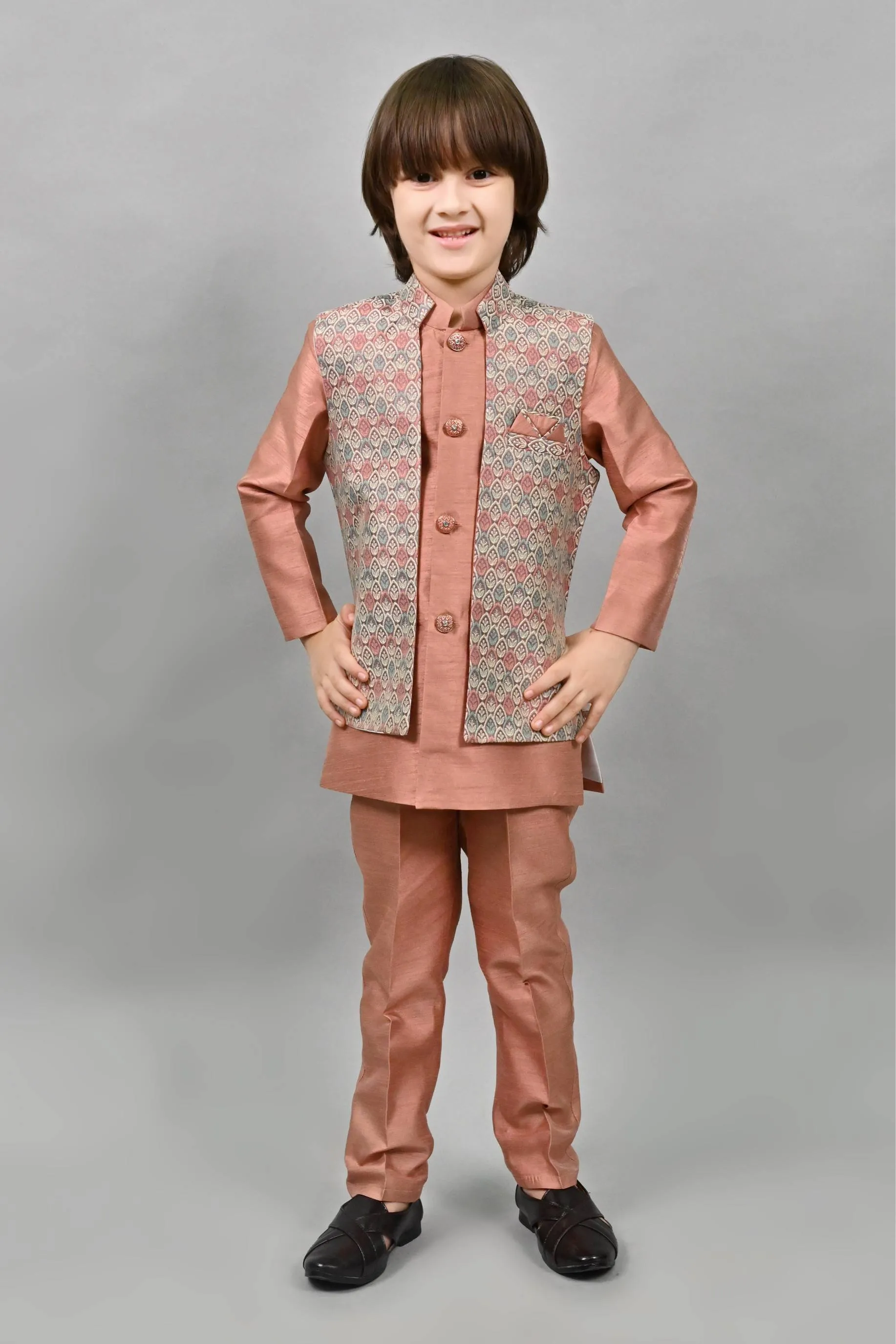 Ahhaaaa Kids Ethnic Multi-Colored Thread Work Indo-Western Kurta, Waistcoat and Pajama Set for Boys