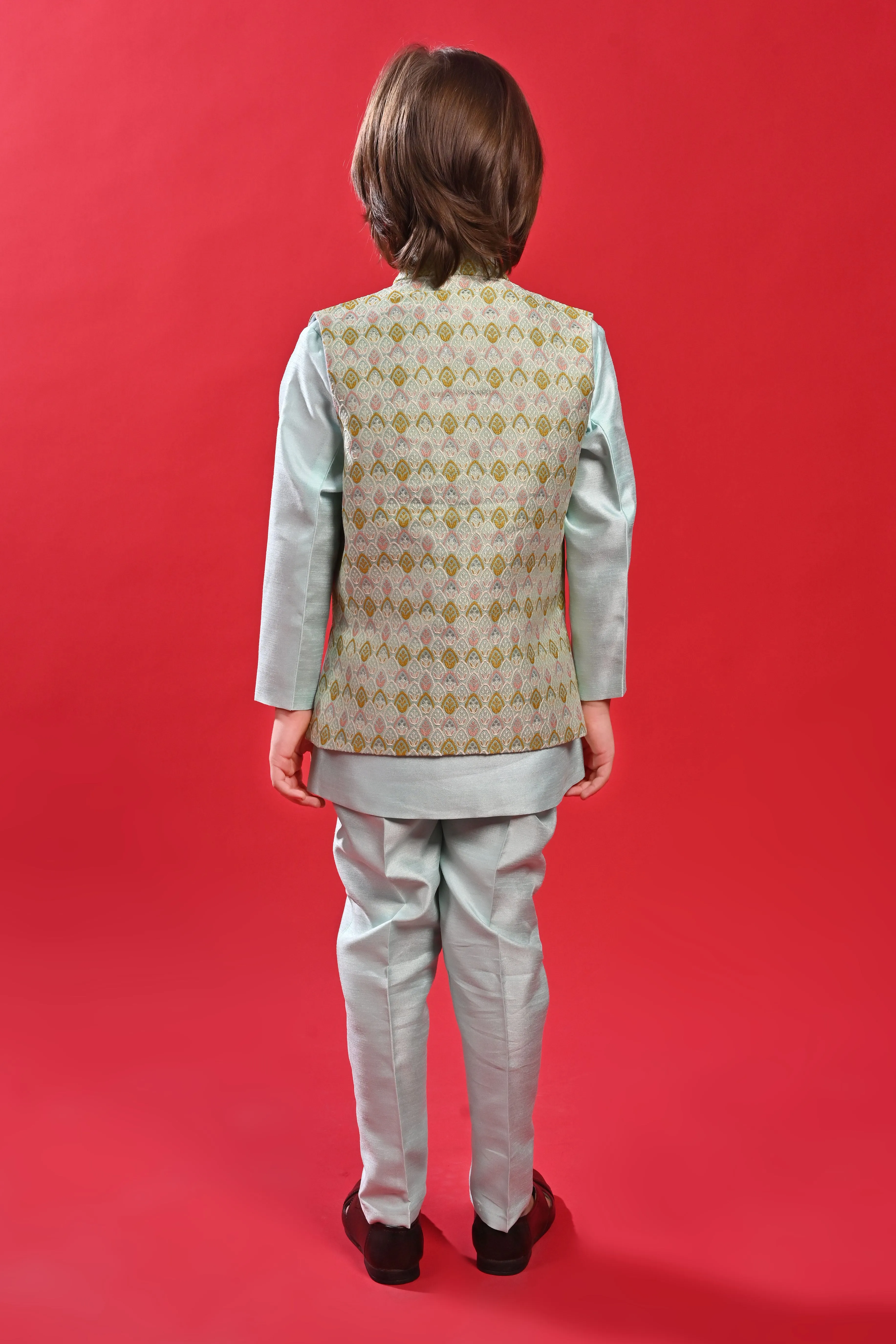 Ahhaaaa Kids Ethnic Multi-Colored Thread Work Indo-Western Kurta, Waistcoat and Pajama Set for Boys