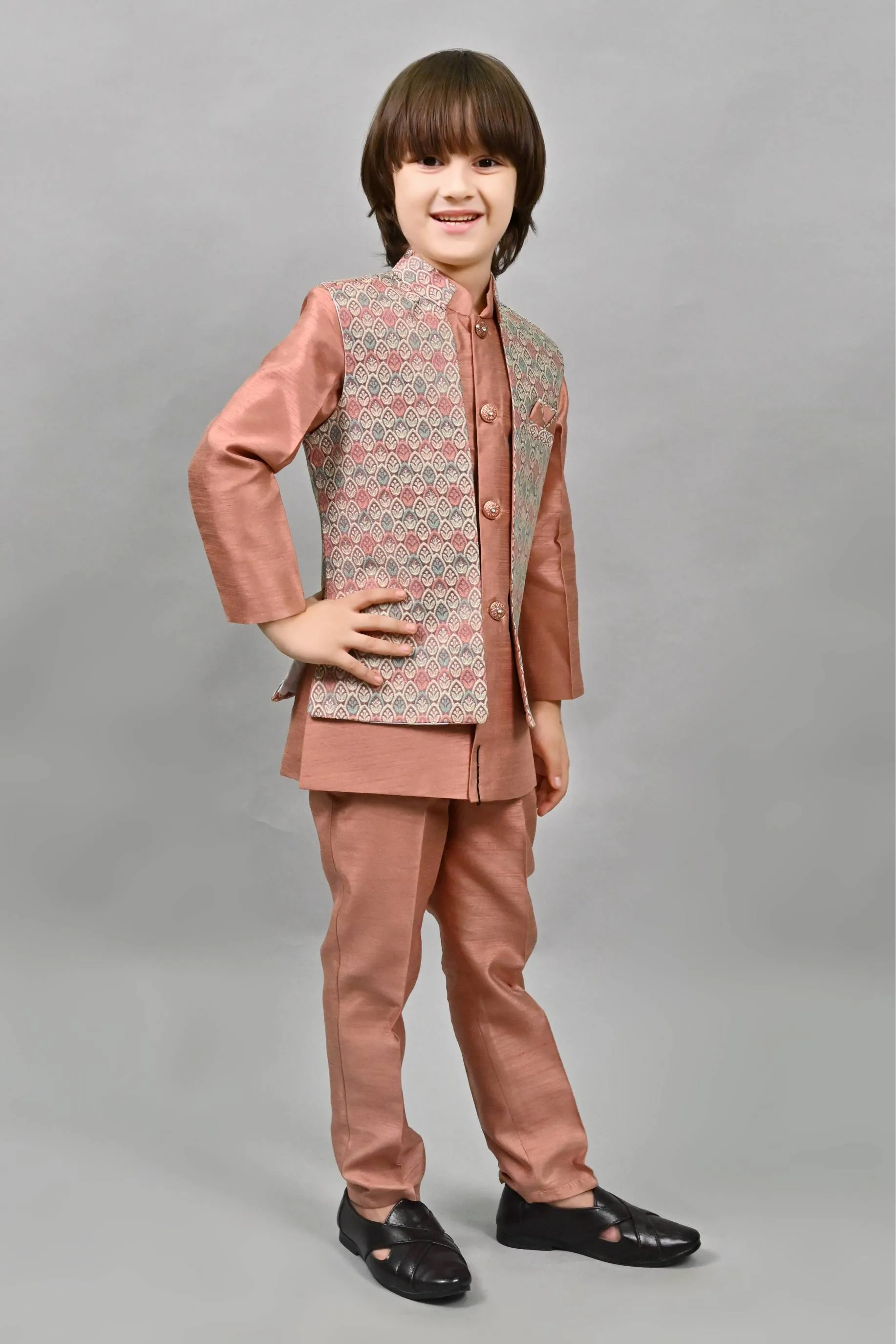 Ahhaaaa Kids Ethnic Multi-Colored Thread Work Indo-Western Kurta, Waistcoat and Pajama Set for Boys