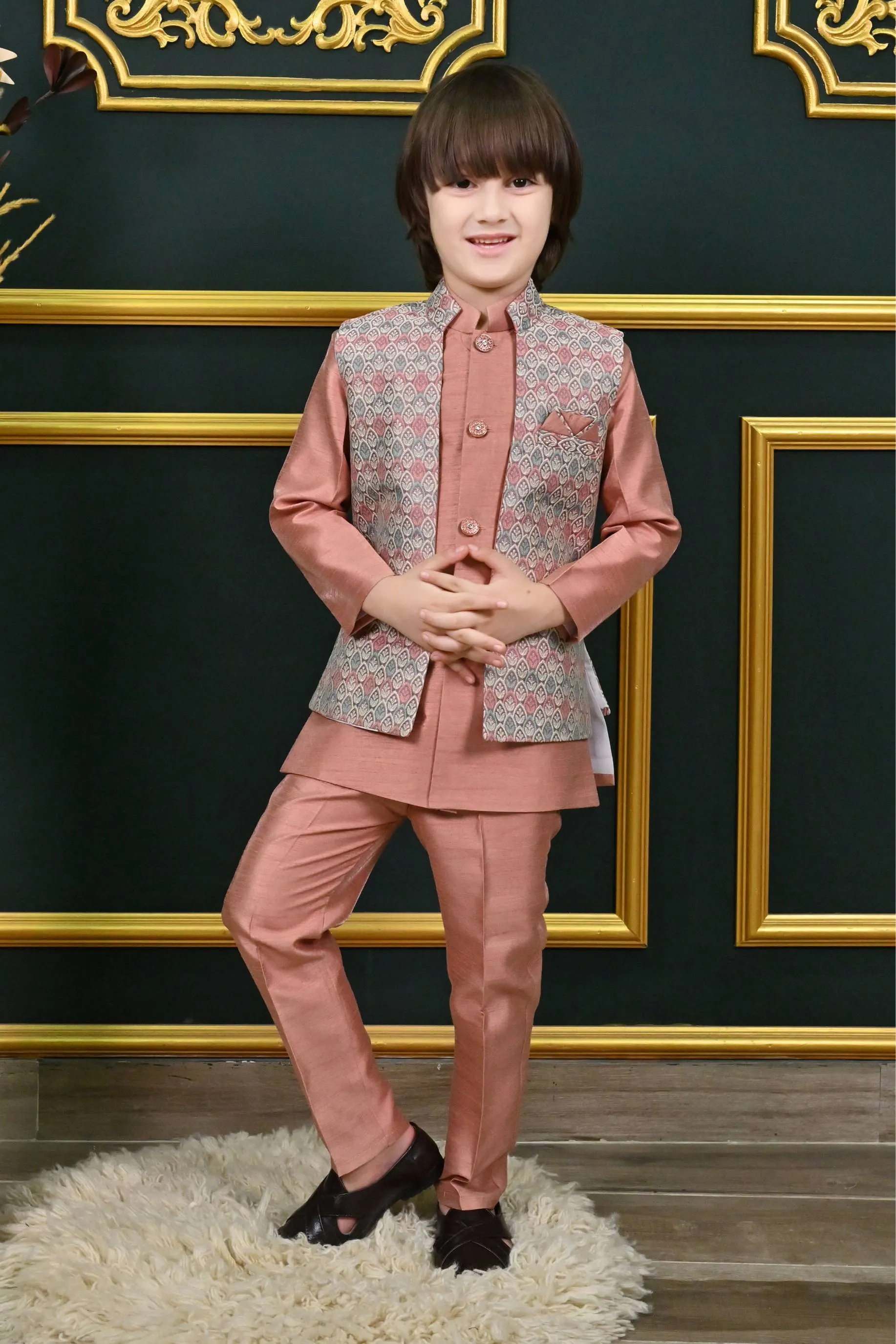 Ahhaaaa Kids Ethnic Multi-Colored Thread Work Indo-Western Kurta, Waistcoat and Pajama Set for Boys