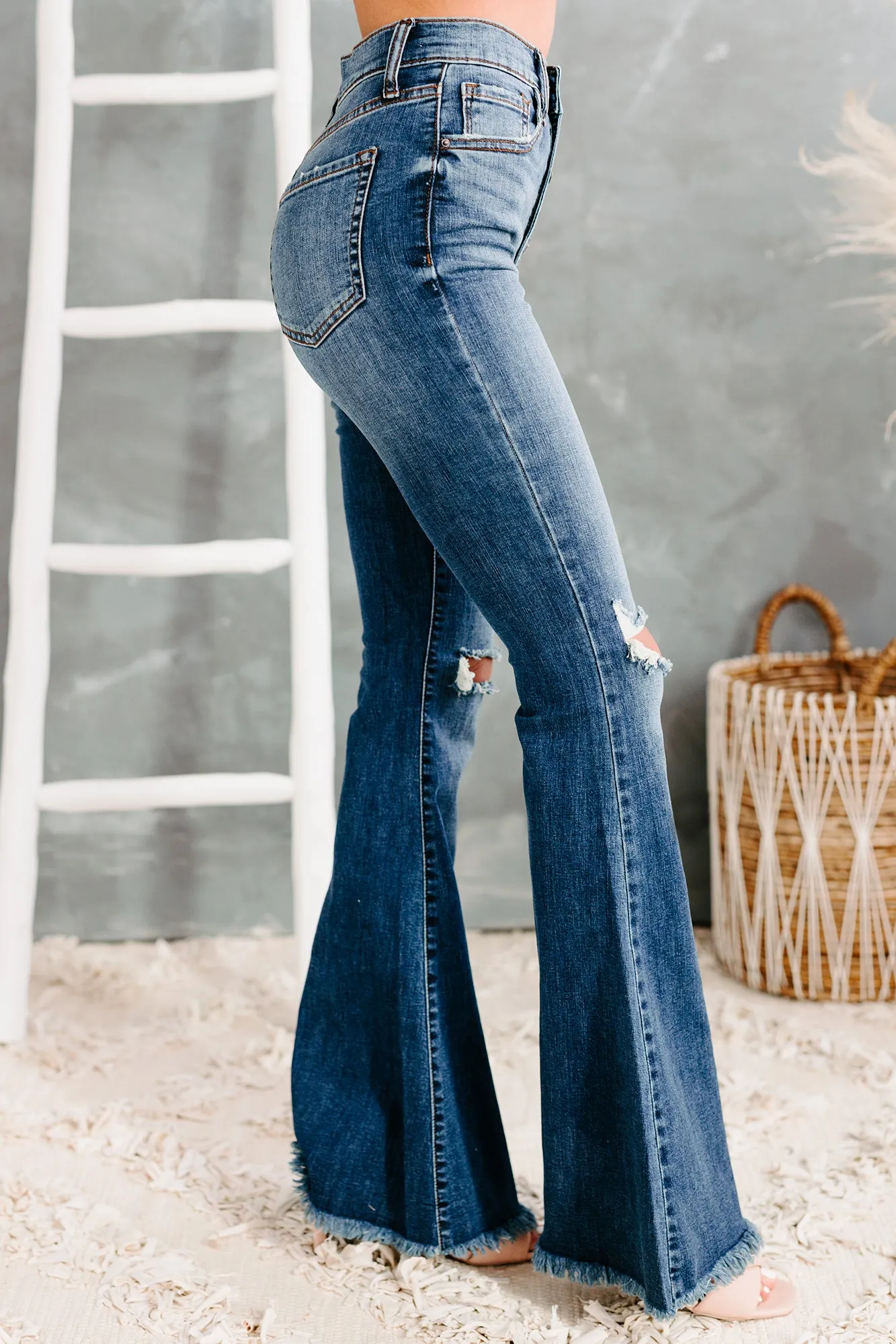 All Flared Up Distressed High Rise Flared Sneak Peek Jeans (Medium Dark)