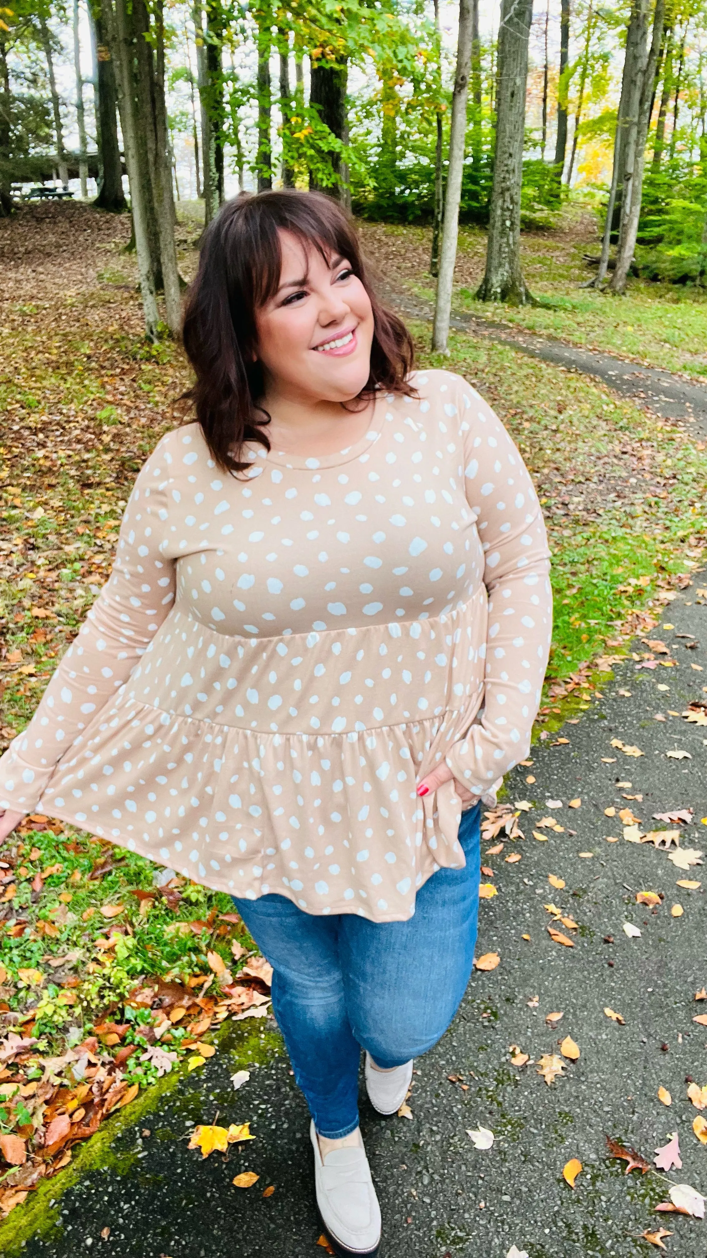 All For You Taupe Abstract Dot Tiered Babydoll Top