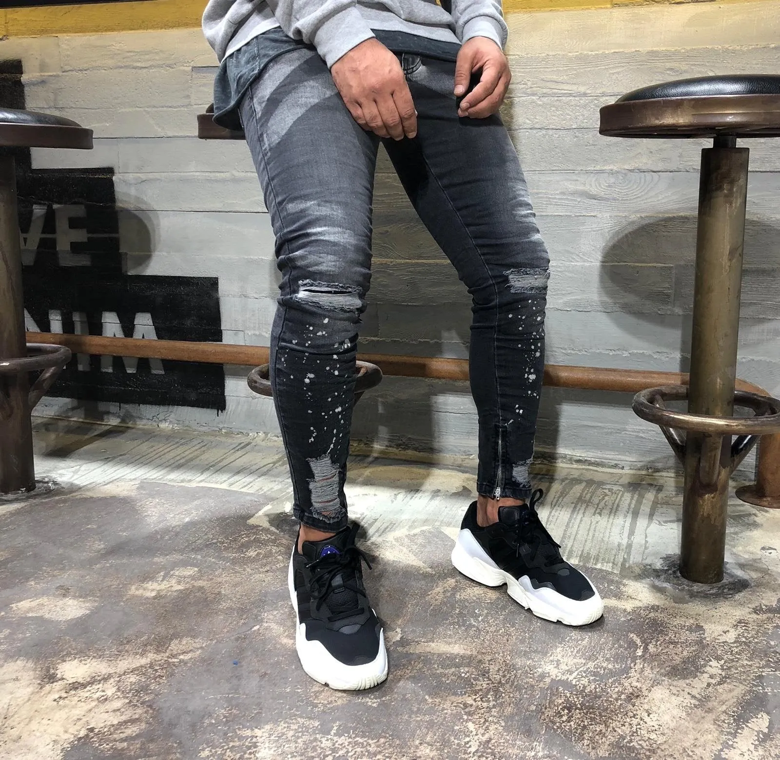 Black Distressed Slim Fit Denim R116 Streetwear Denim Jeans