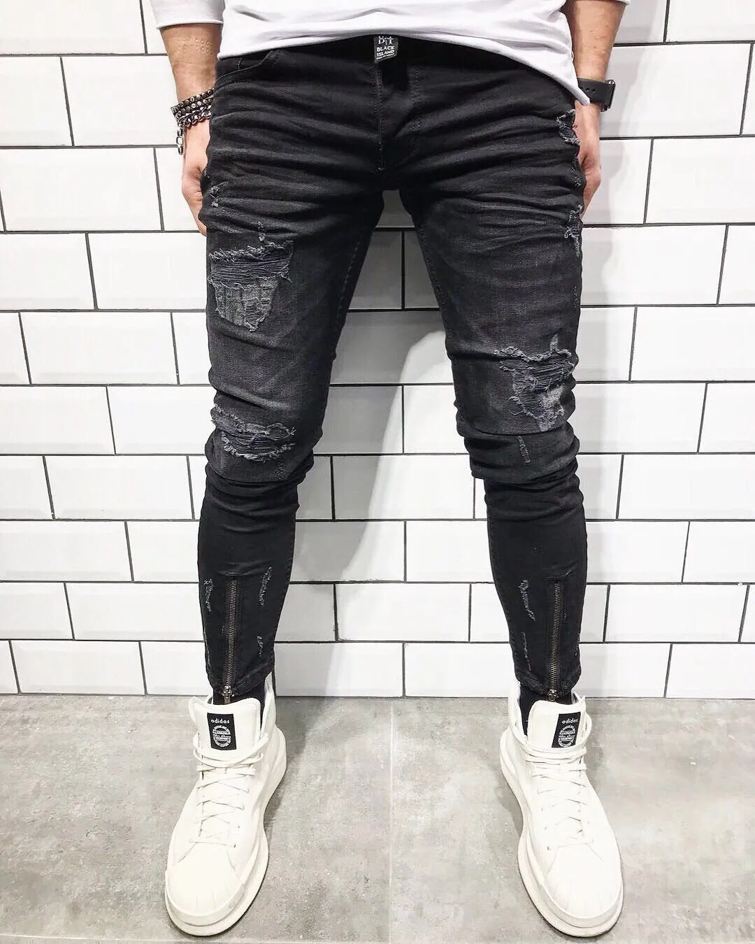 Black Front Zip Slim Fit Ripped Jeans B29 Streetwear Mens Jeans