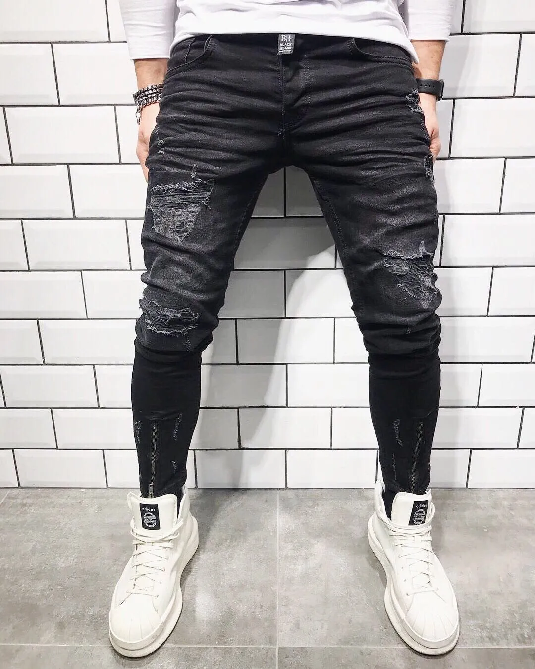 Black Front Zip Slim Fit Ripped Jeans B29 Streetwear Mens Jeans