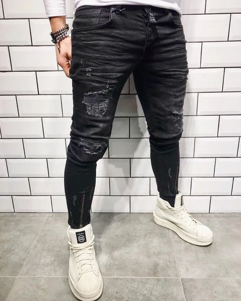 Black Front Zip Slim Fit Ripped Jeans B29 Streetwear Mens Jeans