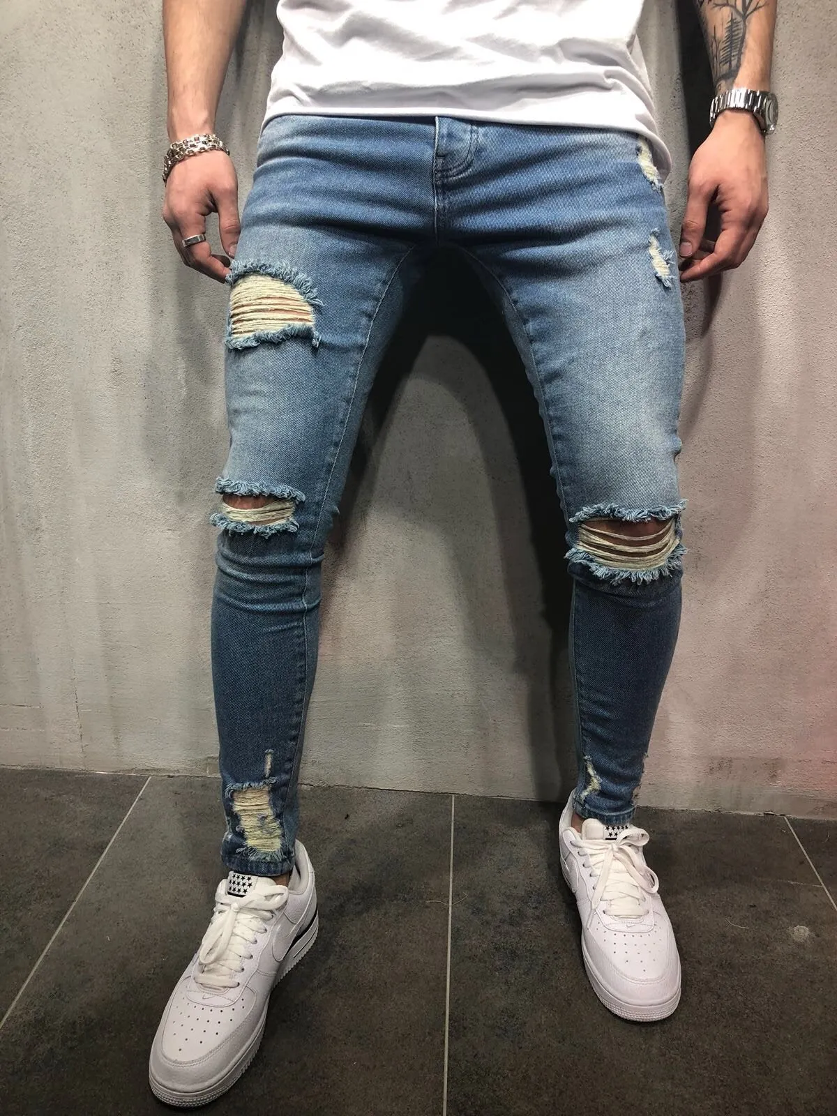 Blue Destroyed Skinny Fit Denim A81 Streetwear Denim Jeans