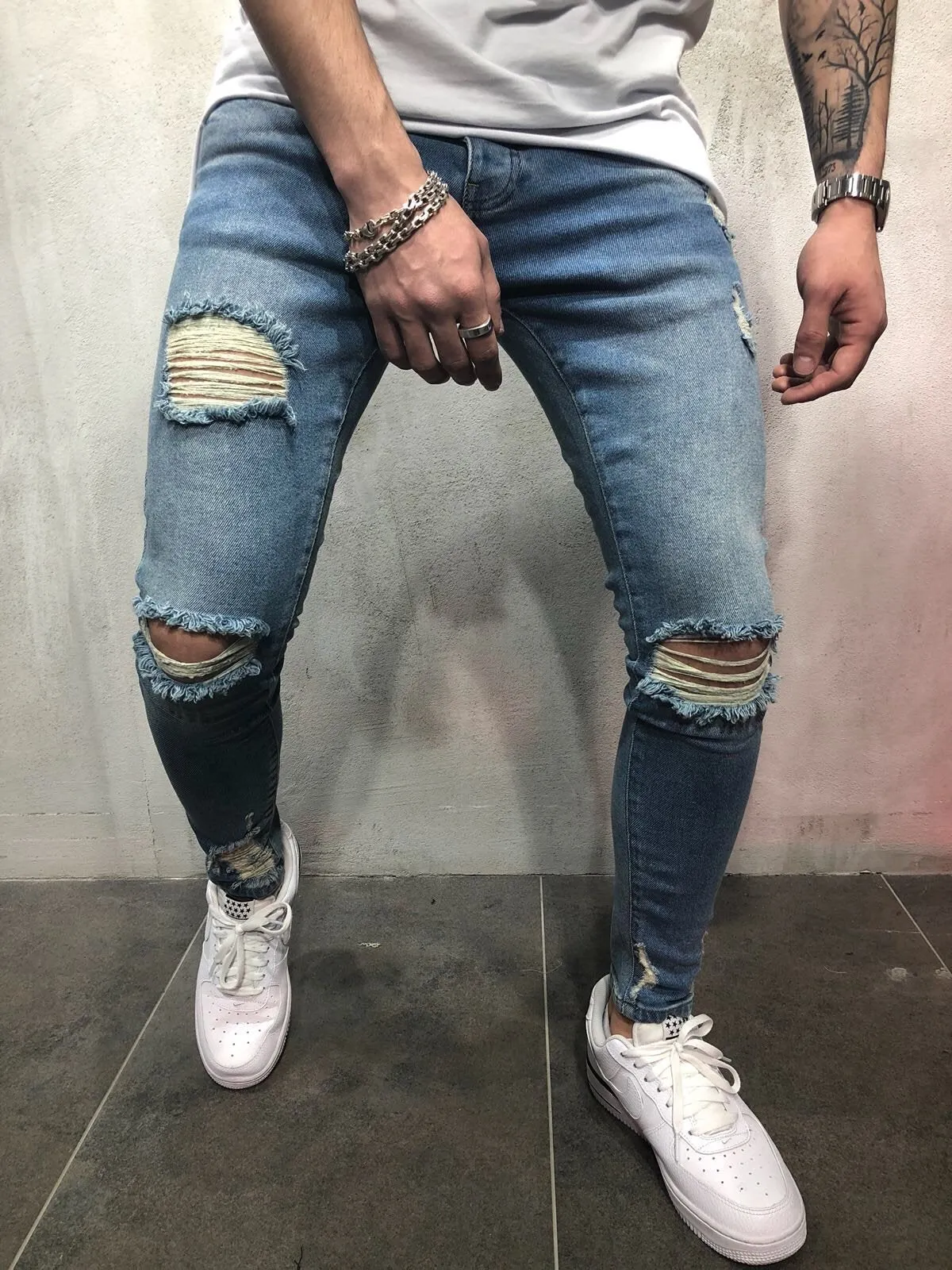 Blue Destroyed Skinny Fit Denim A81 Streetwear Denim Jeans