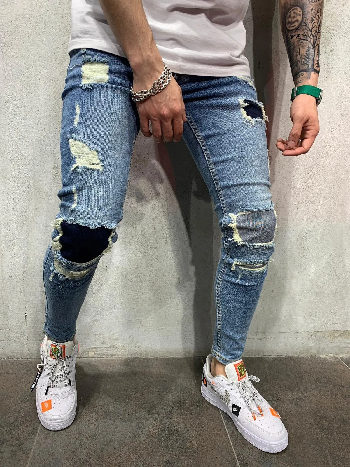 Blue Patched Ripped Jeans Slim Fit Mens Jeans AY491 Streetwear Mens Jeans