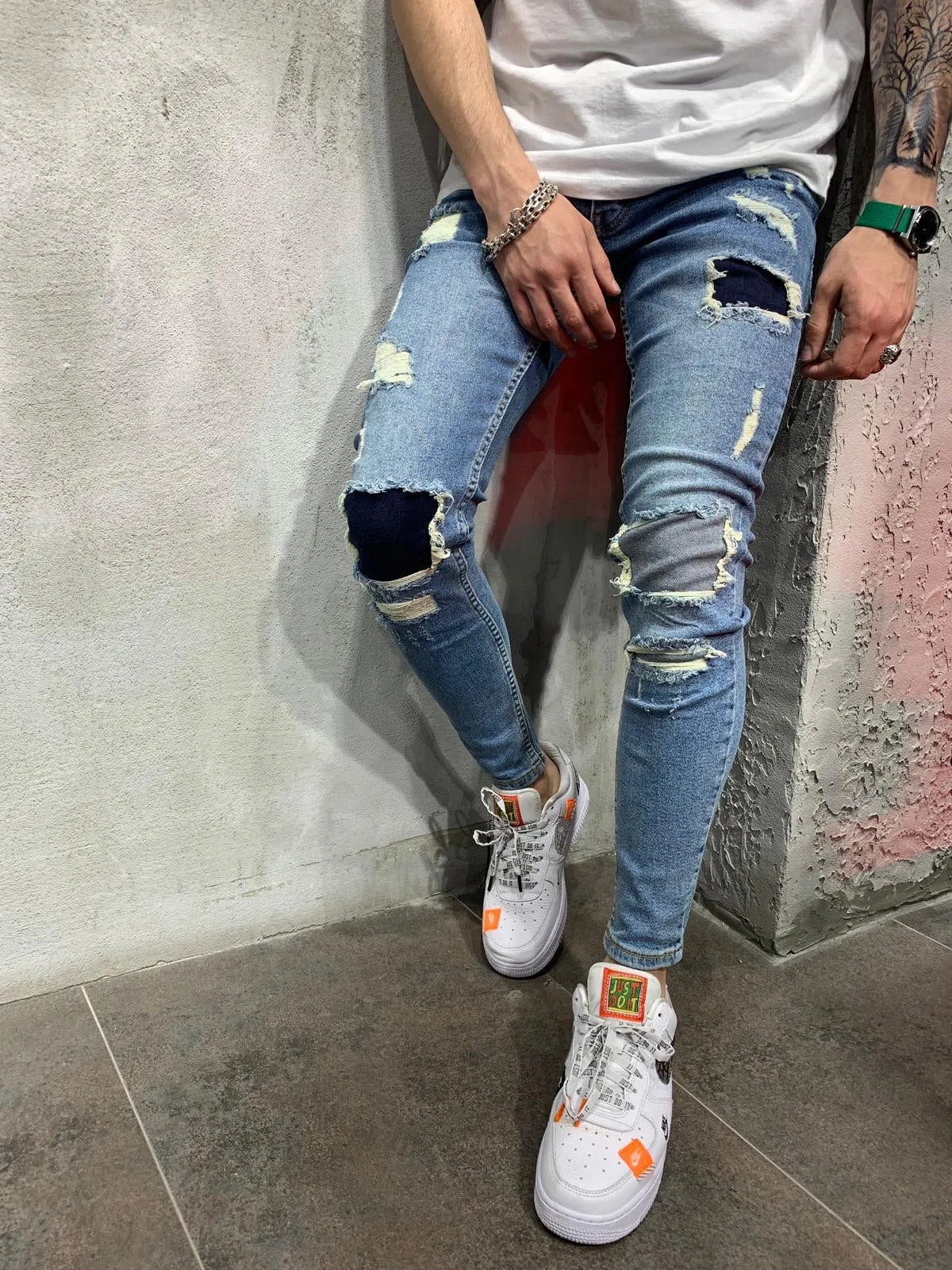 Blue Patched Ripped Jeans Slim Fit Mens Jeans AY491 Streetwear Mens Jeans