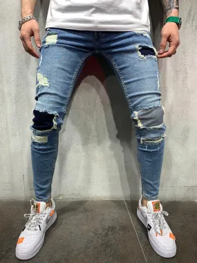 Blue Patched Ripped Jeans Slim Fit Mens Jeans AY491 Streetwear Mens Jeans