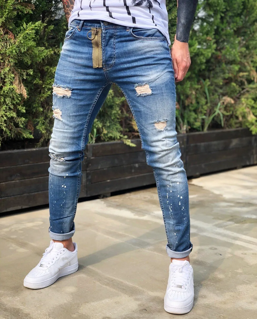 Blue Ripped Front Zip Skinny Fit Jeans B206 Streetwear Mens Jeans