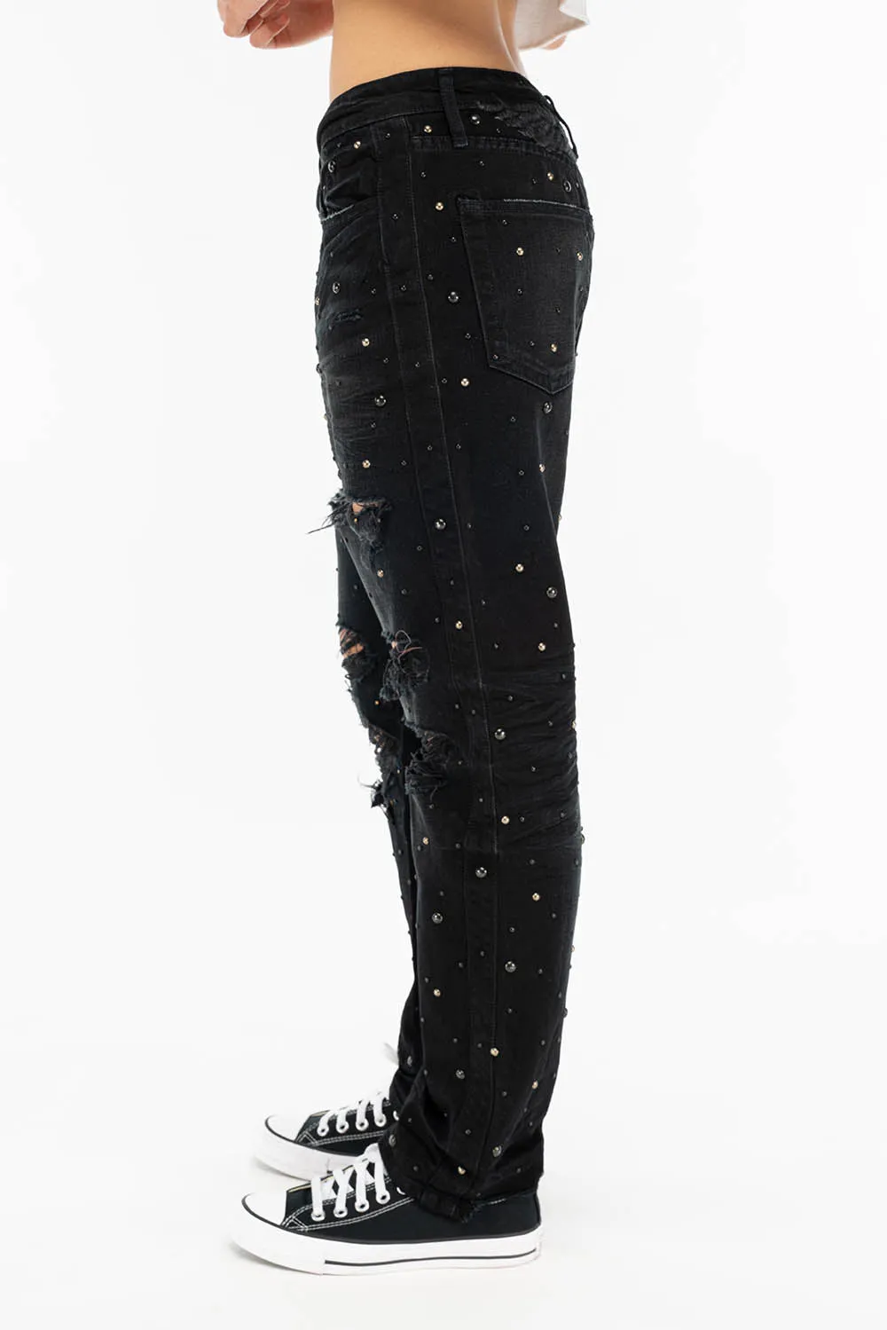 BOYFRIEND JEANS IN F_ED UP BLACK WITH BLACK AND SILVER STUDS