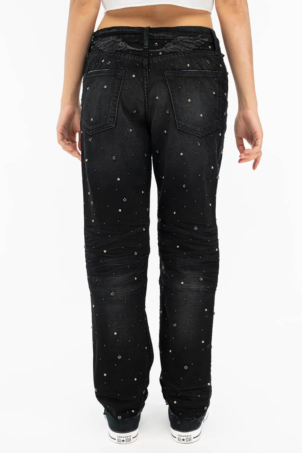 BOYFRIEND JEANS IN F_ED UP BLACK WITH BLACK AND SILVER STUDS