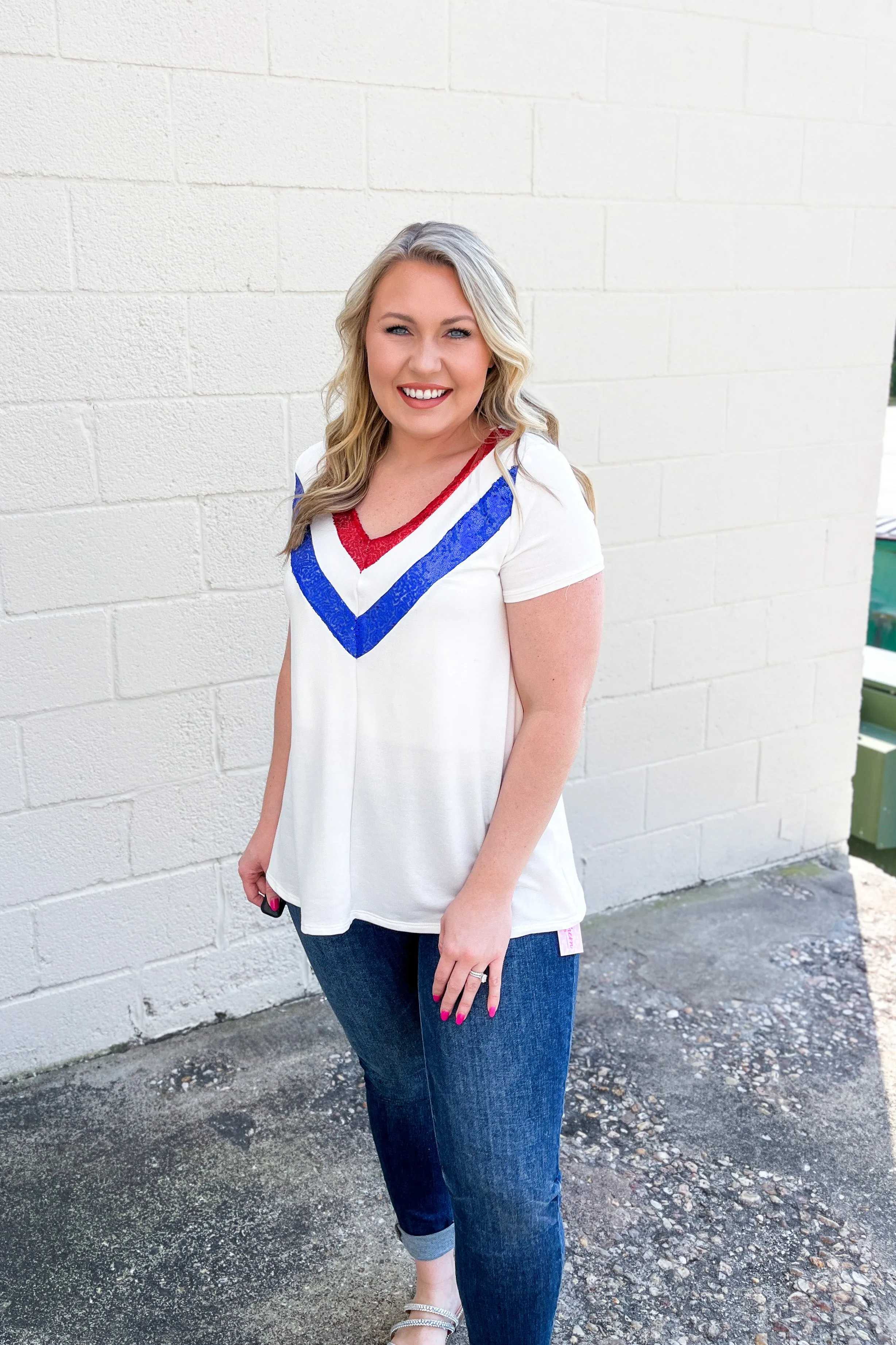 Feeling Red, White and Blue Sequin Top