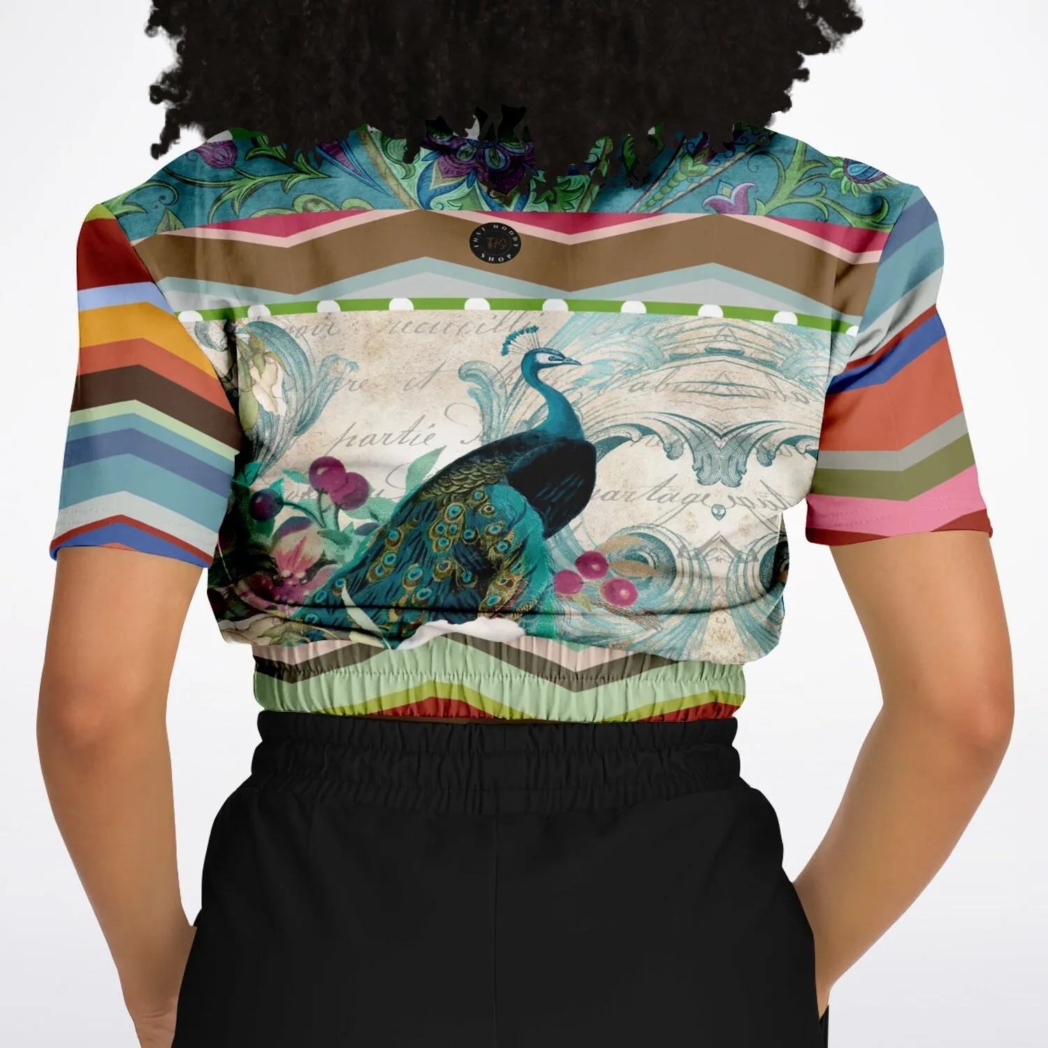 Green Peacock Short Sleeve Cropped Eco-Poly Sweater