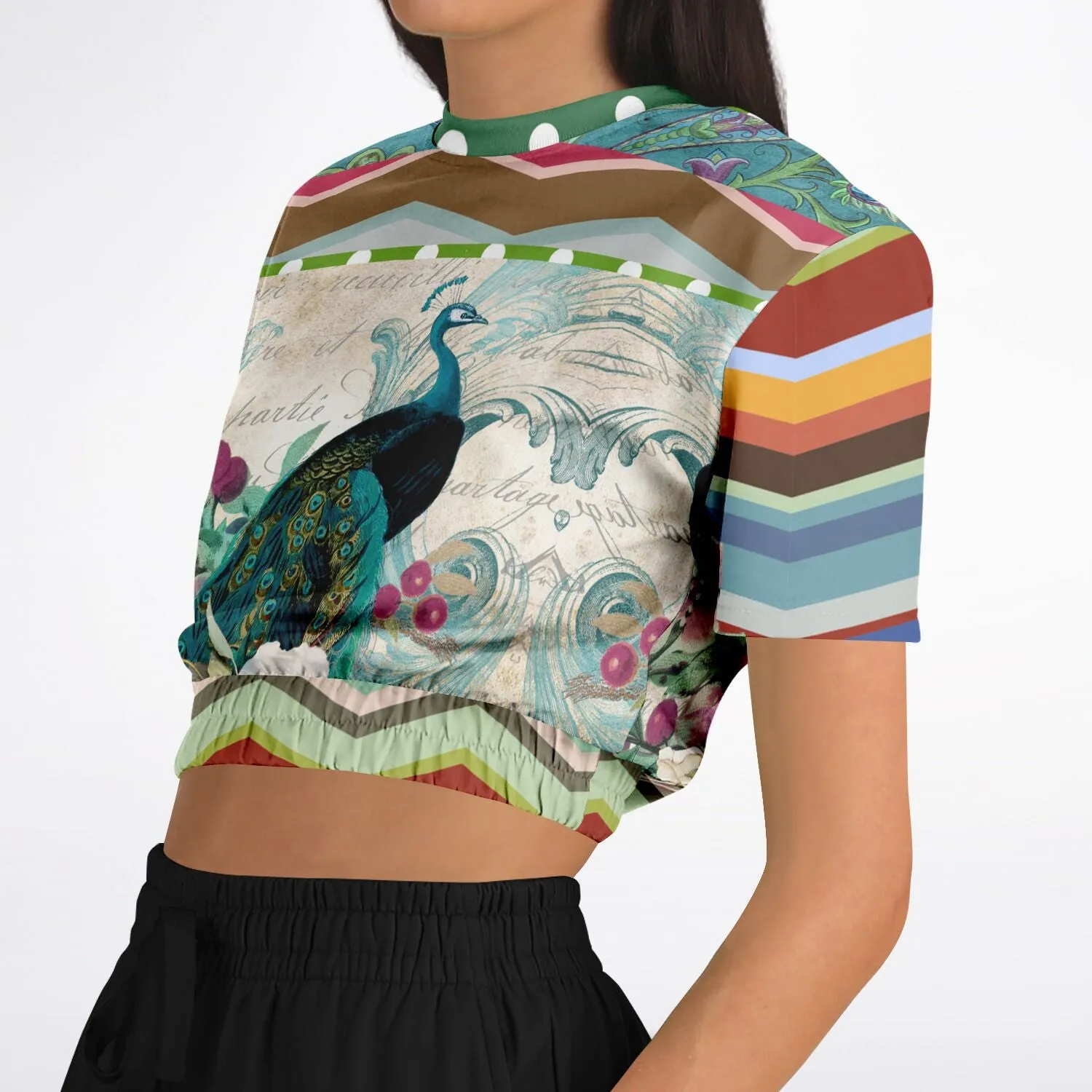 Green Peacock Short Sleeve Cropped Eco-Poly Sweater