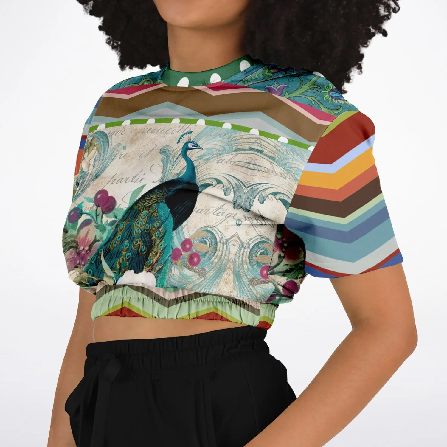 Green Peacock Short Sleeve Cropped Eco-Poly Sweater