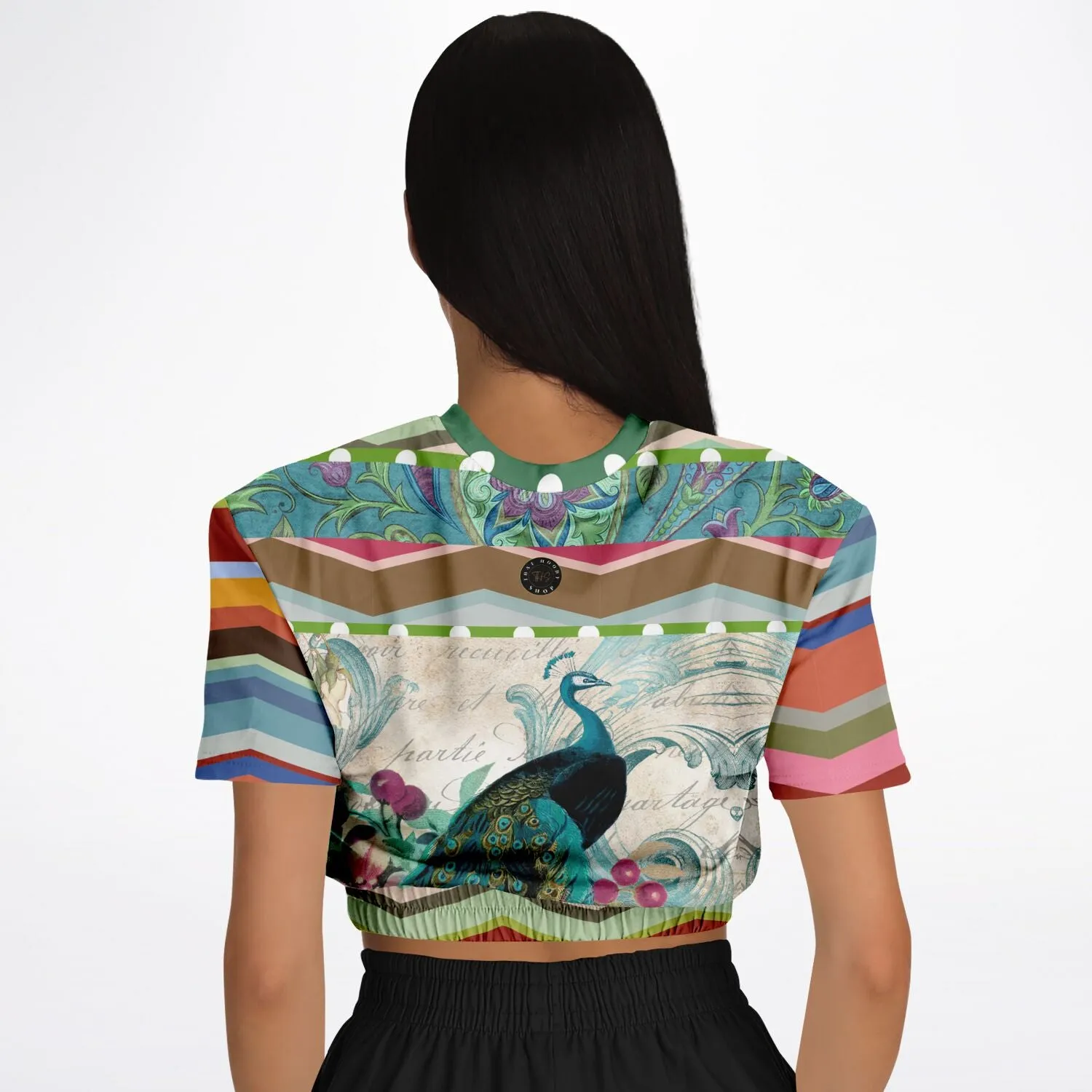 Green Peacock Short Sleeve Cropped Eco-Poly Sweater