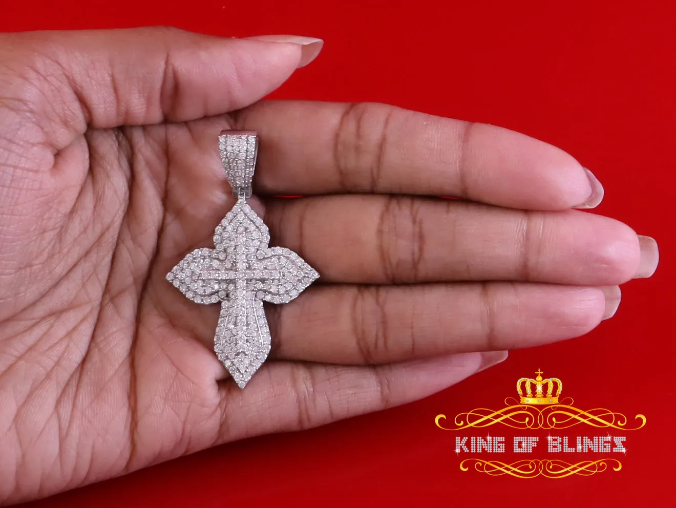 King Of Bling's 3.0ct VVS D Moissanite White Silver Charm Cross Floury Pendant Men's & Women's