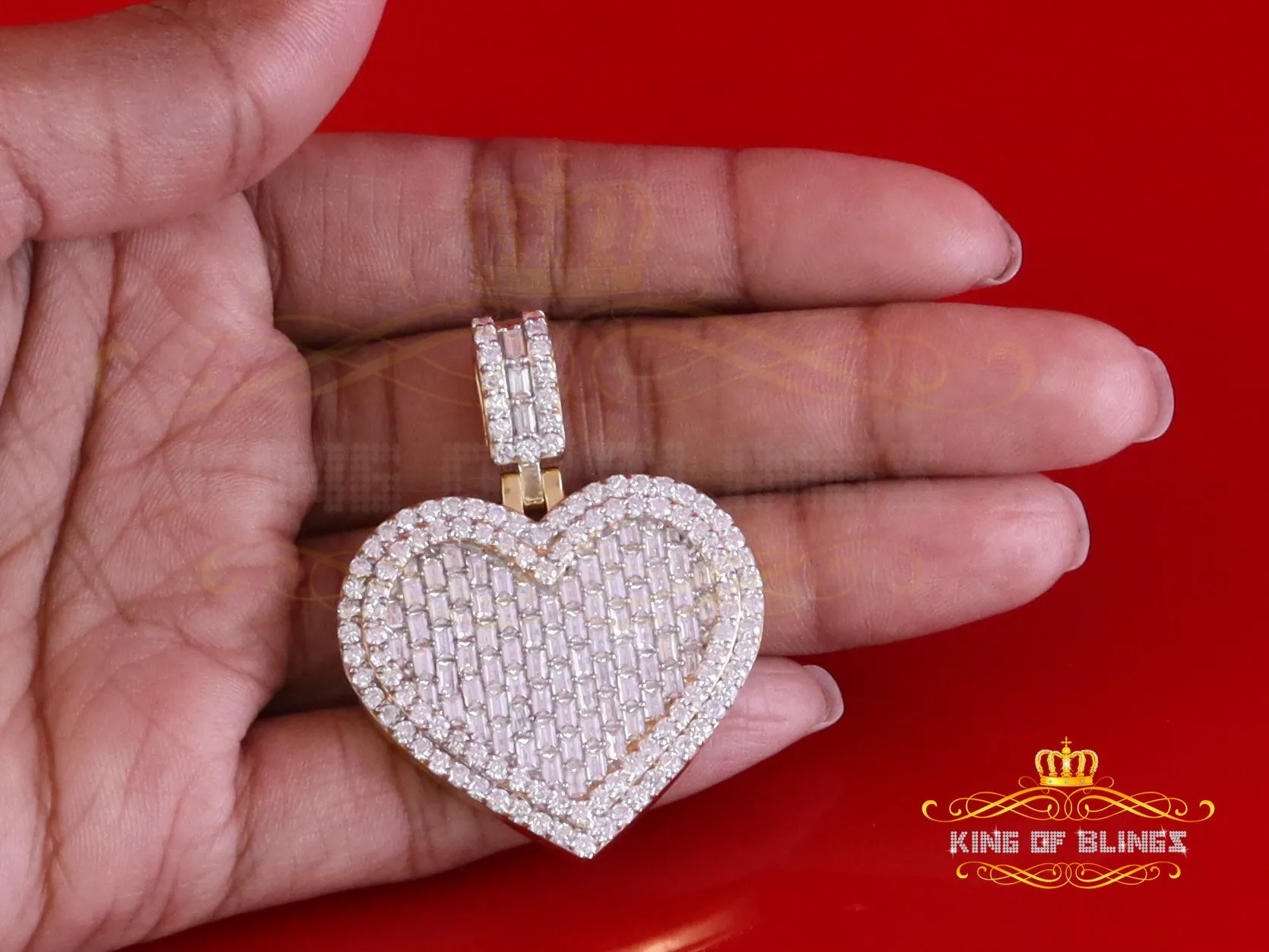 King Of Bling's 925 Silver Yellow Baguette Heart Pendant 7.50ct VVS D Clr. Moissanite for He/She