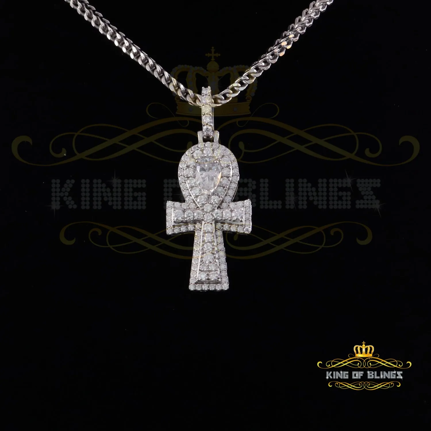 King Of Bling's New Men's White Silver 3.50ct VVS 'D' Moissanite Charm Ankh Pendant Womens