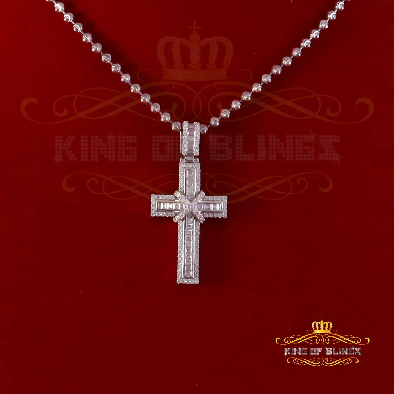 King Of Bling's Women's 925 White Silver 2.0ct VVS D Clr. Moissanite Baguette Cross Pendant for