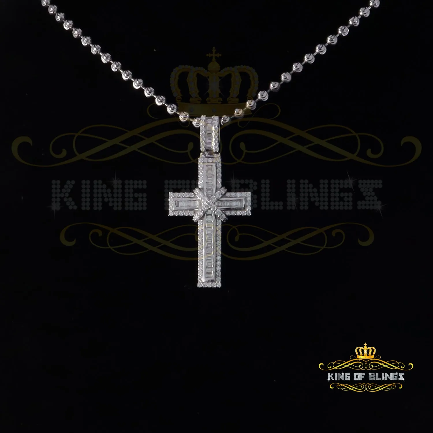 King Of Bling's Women's 925 White Silver 2.0ct VVS D Clr. Moissanite Baguette Cross Pendant for