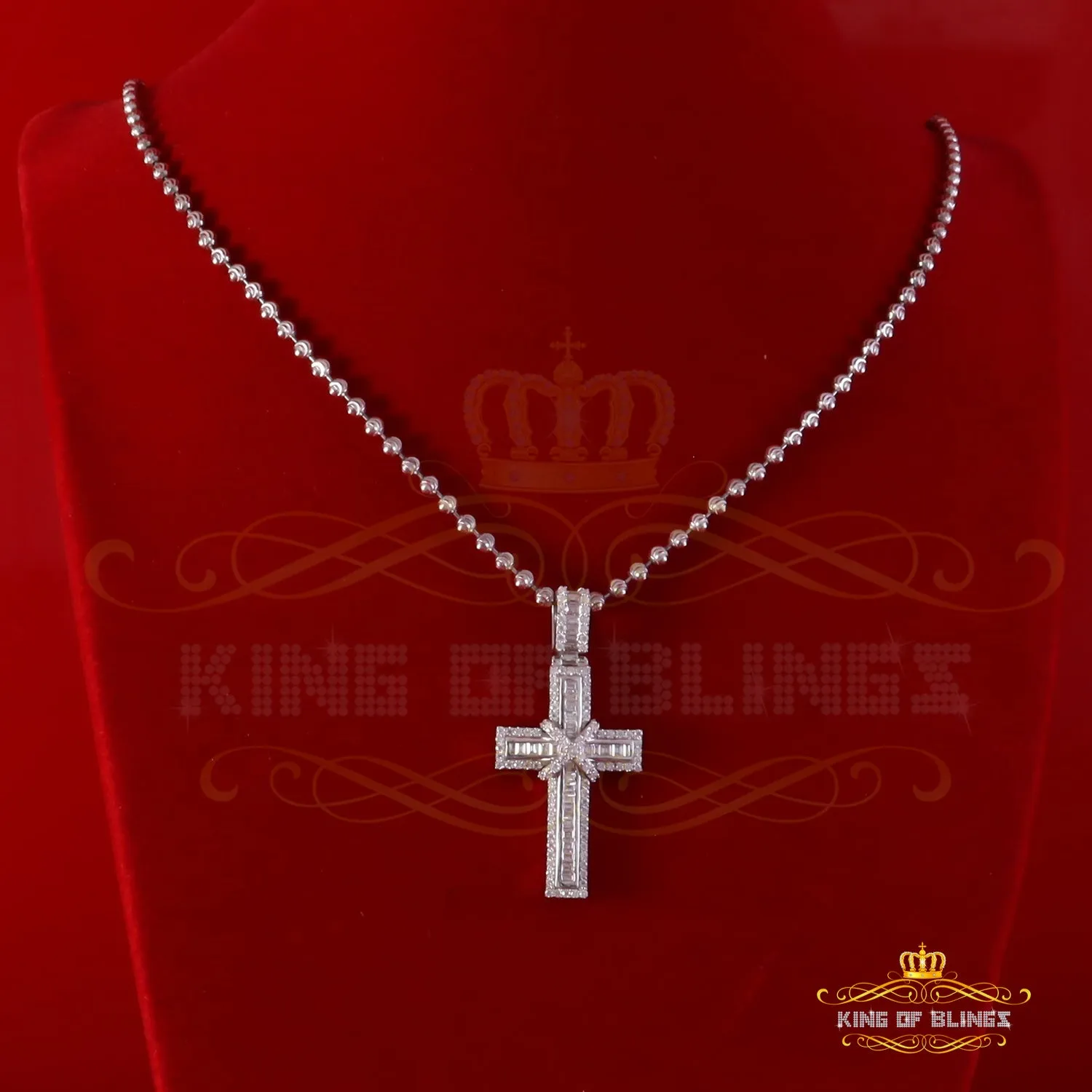 King Of Bling's Women's 925 White Silver 2.0ct VVS D Clr. Moissanite Baguette Cross Pendant for