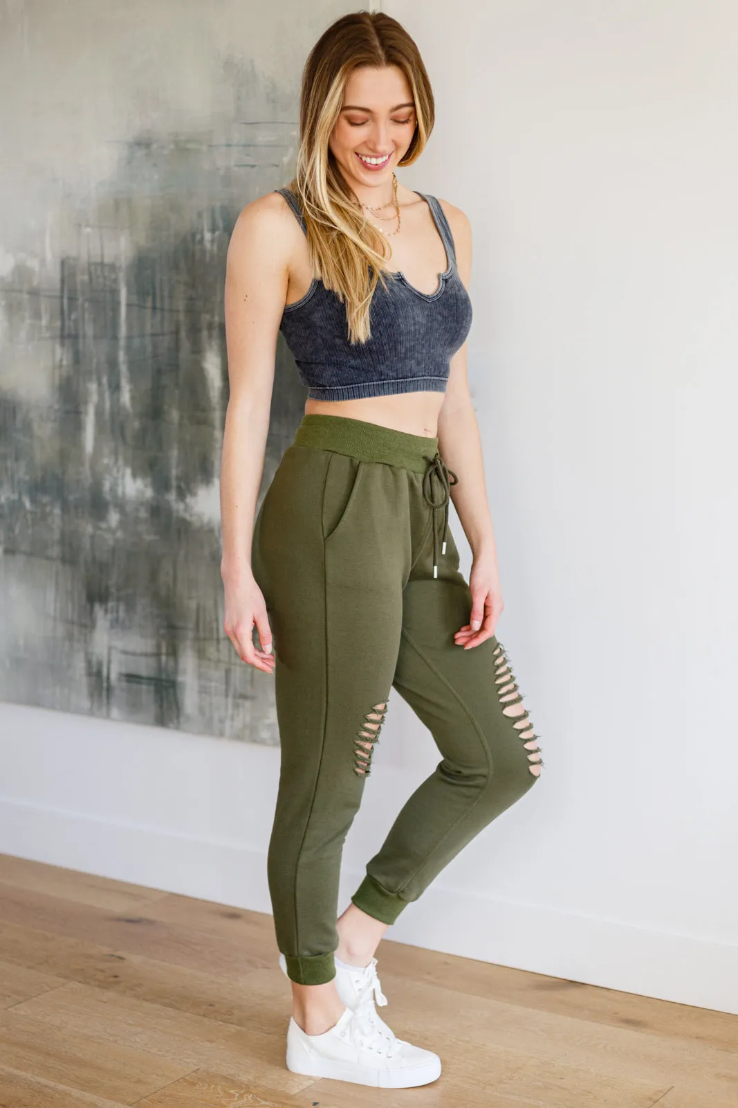 Lightweight Distressed Joggers in Olive