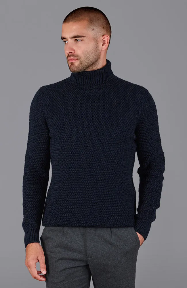 Mens Merino Wool Fishermans Roll Neck Moss Stitch Jumper