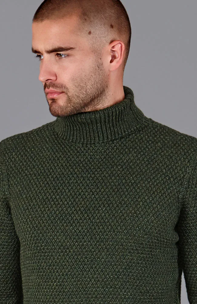 Mens Merino Wool Fishermans Roll Neck Moss Stitch Jumper