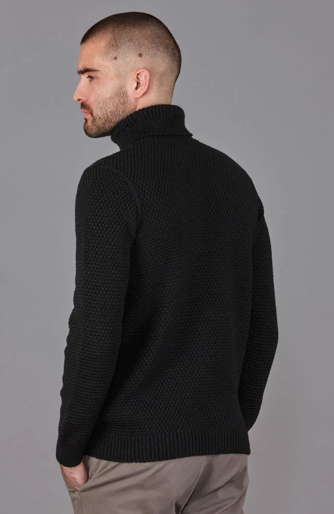 Mens Merino Wool Fishermans Roll Neck Moss Stitch Jumper