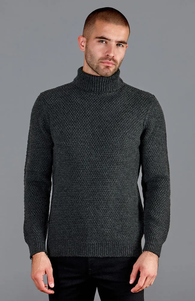 Mens Merino Wool Fishermans Roll Neck Moss Stitch Jumper