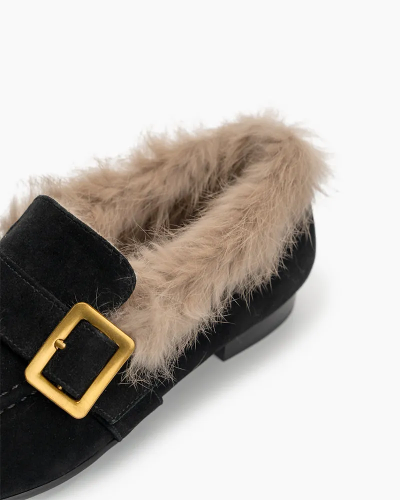 Metal Buckle Comfortable Fur Loafers