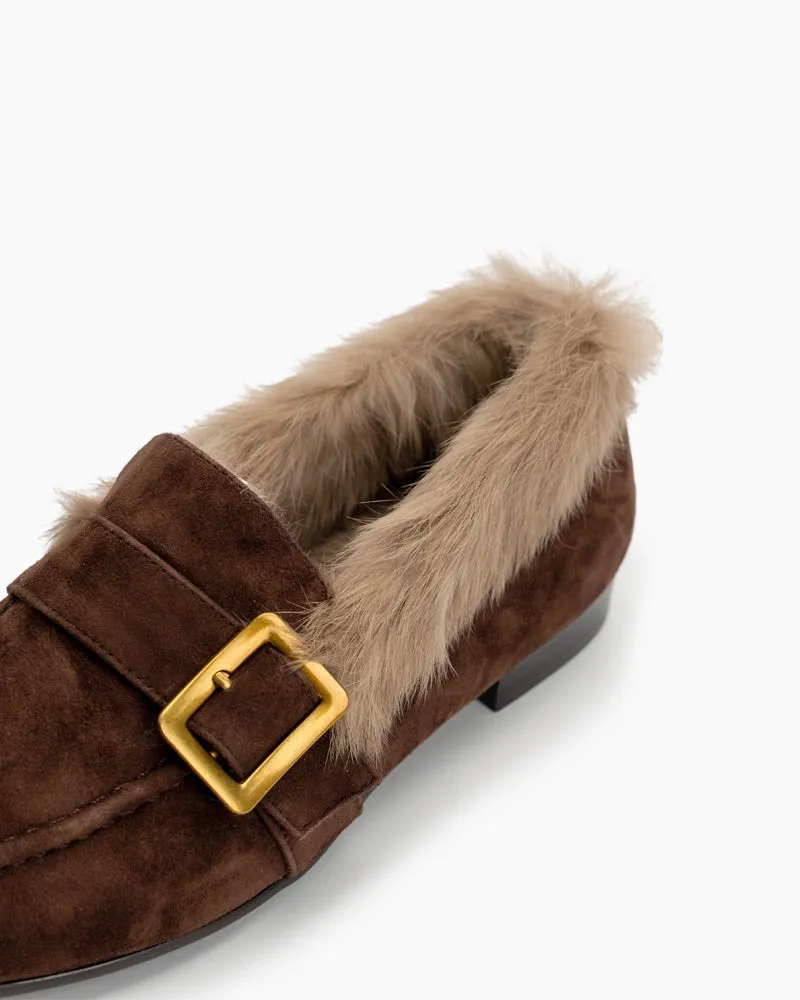 Metal Buckle Comfortable Fur Loafers