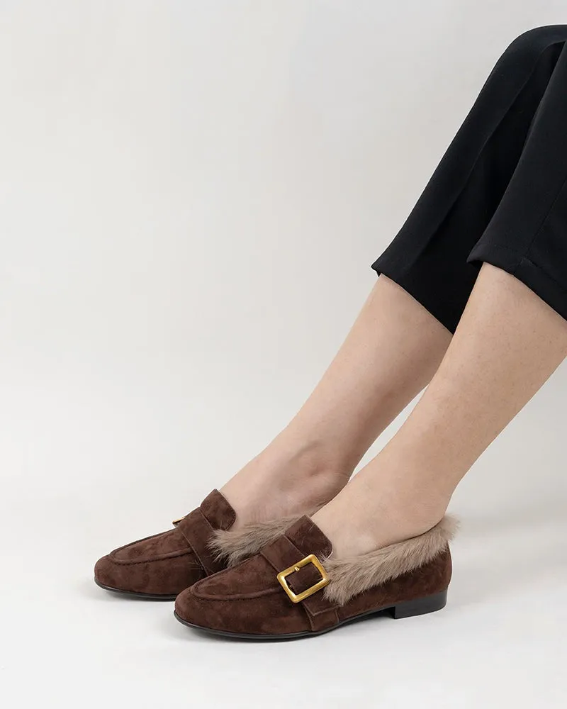 Metal Buckle Comfortable Fur Loafers