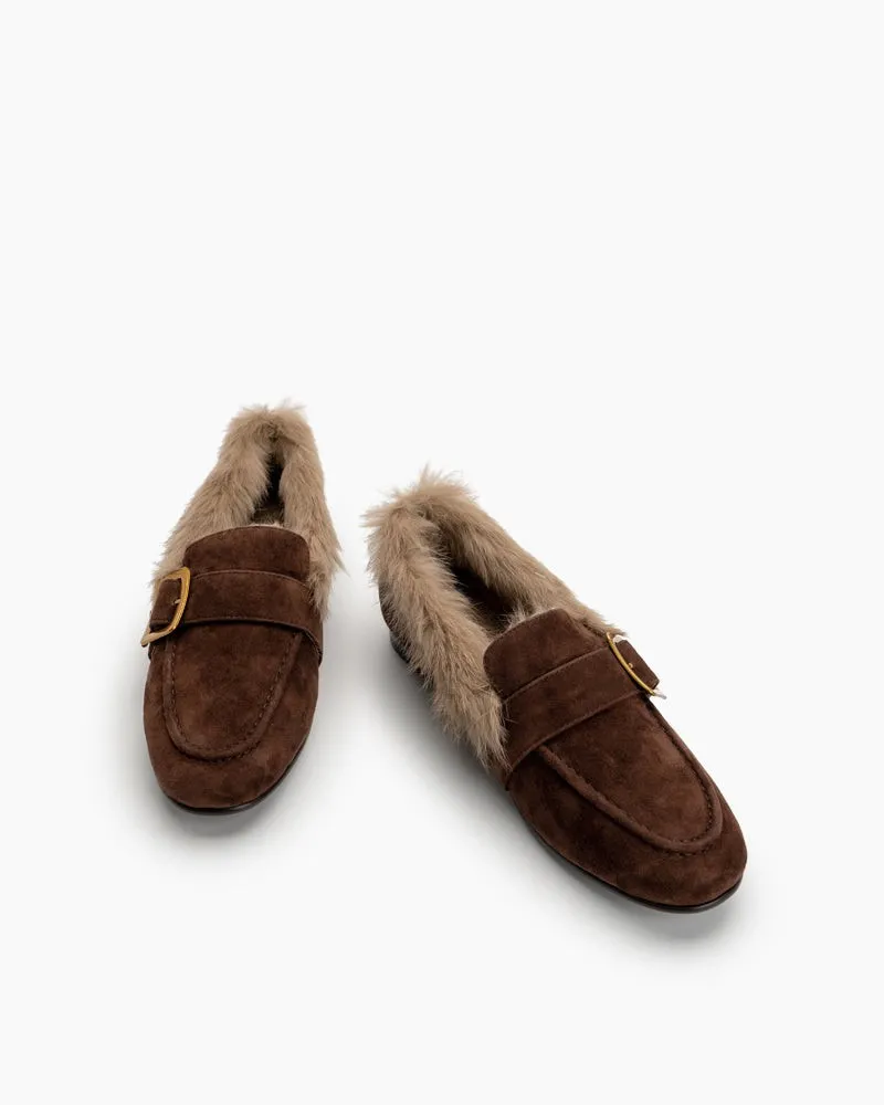 Metal Buckle Comfortable Fur Loafers